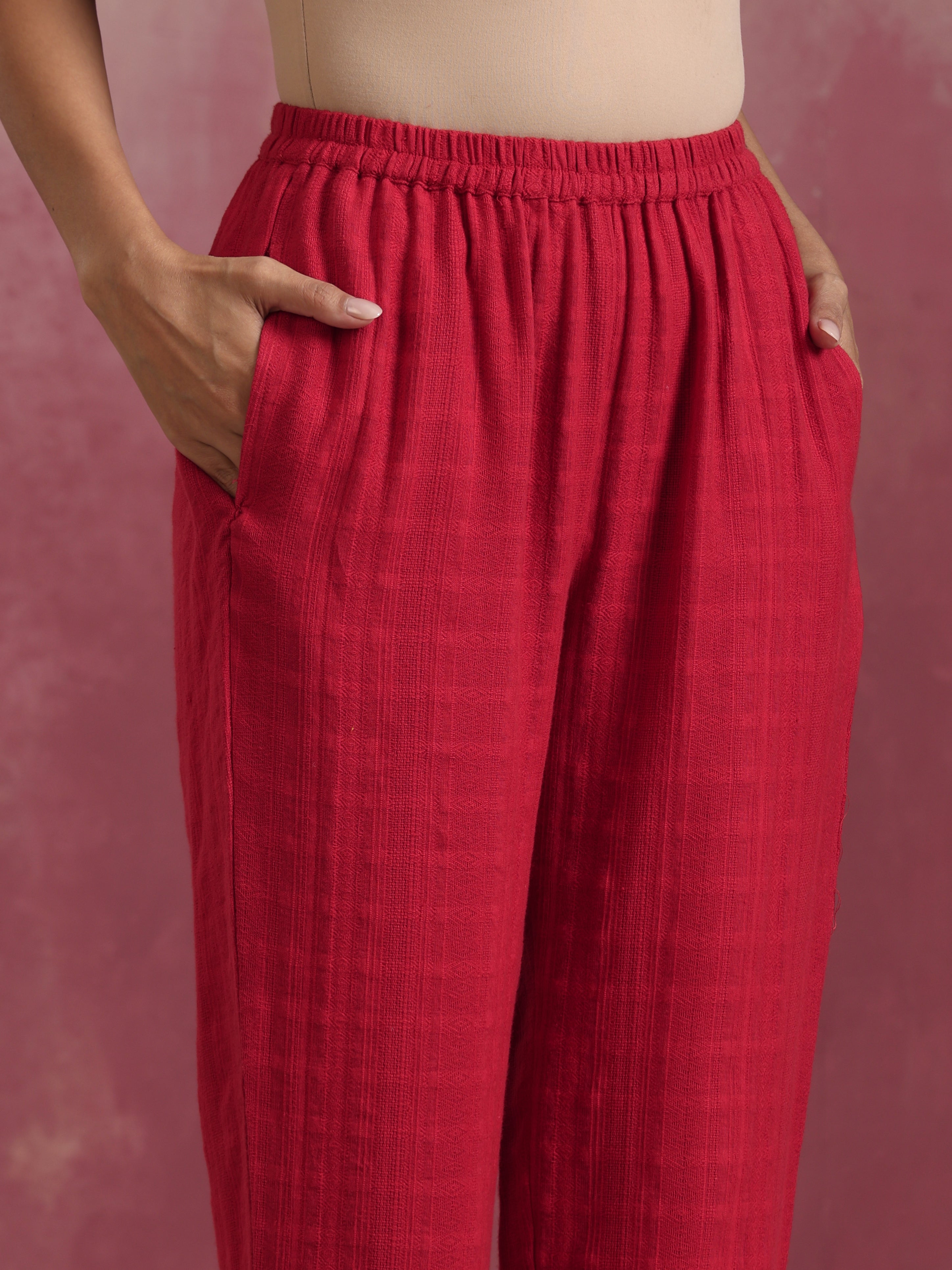 trueBrowns Red Cotton Dobby Kurta Co-ord set
