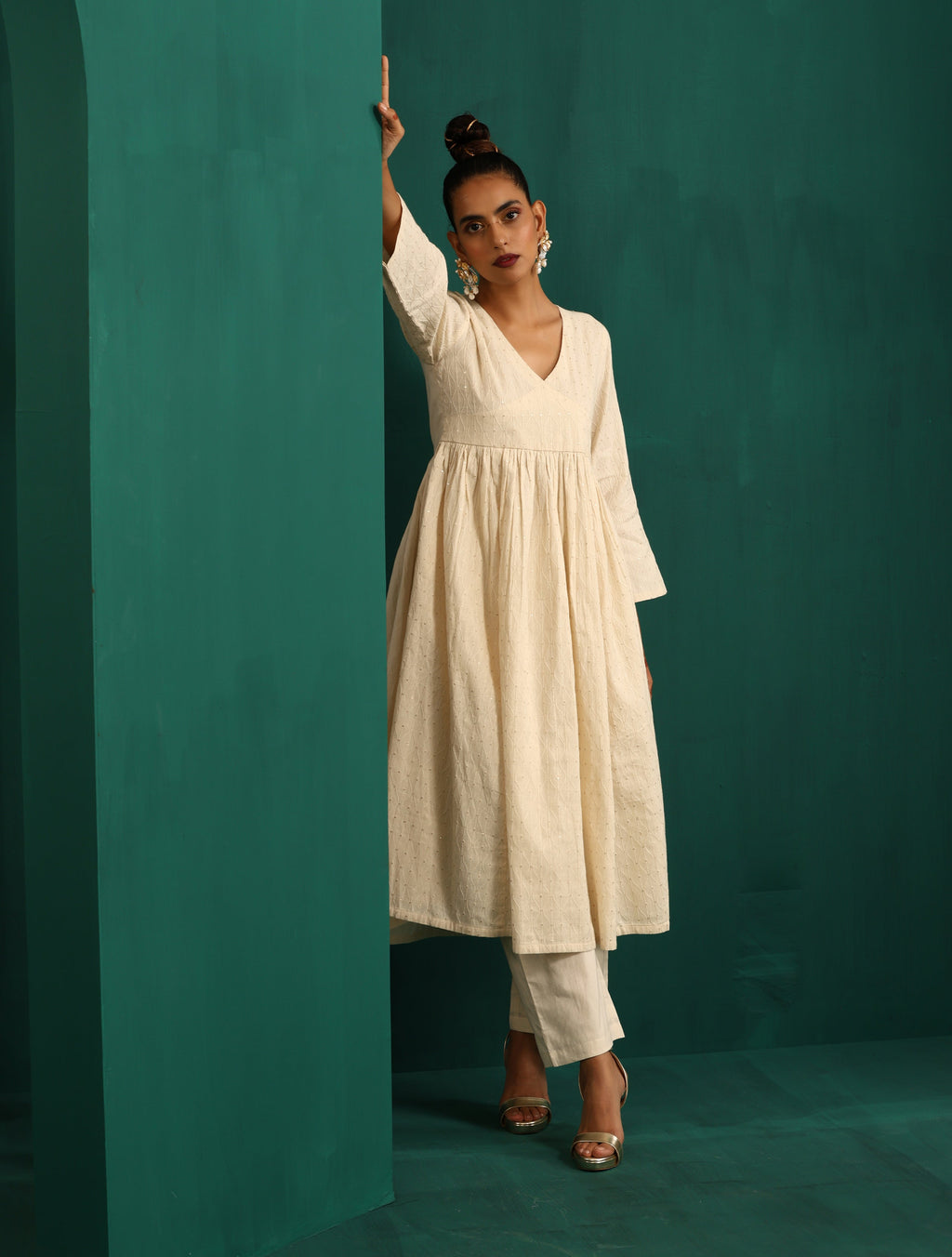 trueBrowns Ivory Tonal Cotton Anarkali Kurta Pant Set