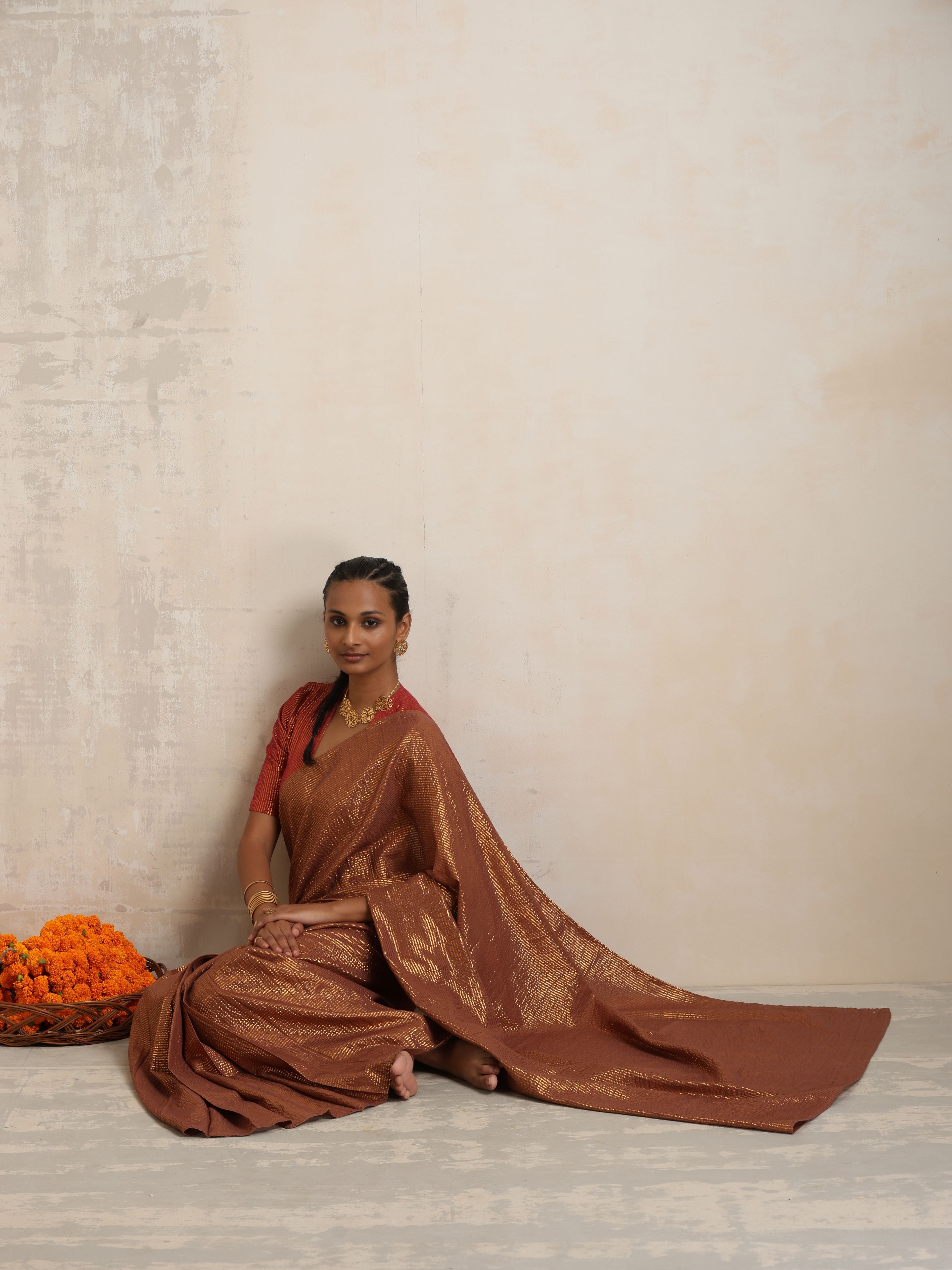 trueBrowns Brown Gold Lurex Ready To Wear Saree