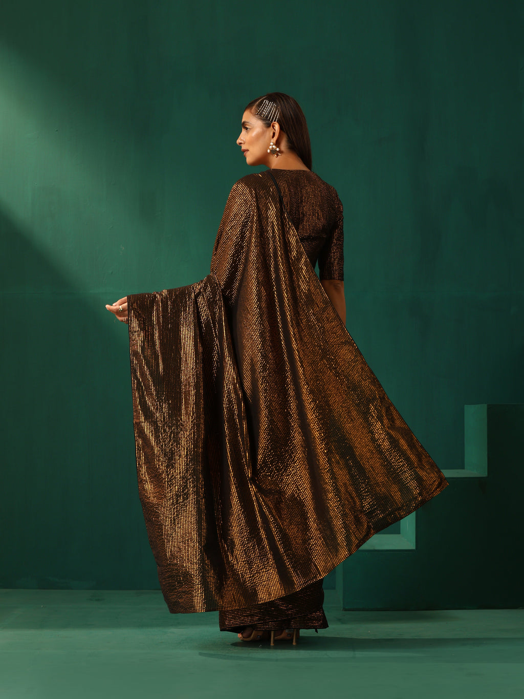 trueBrowns Black Cotton Gold Lurex Striped Ready to Wear Saree
