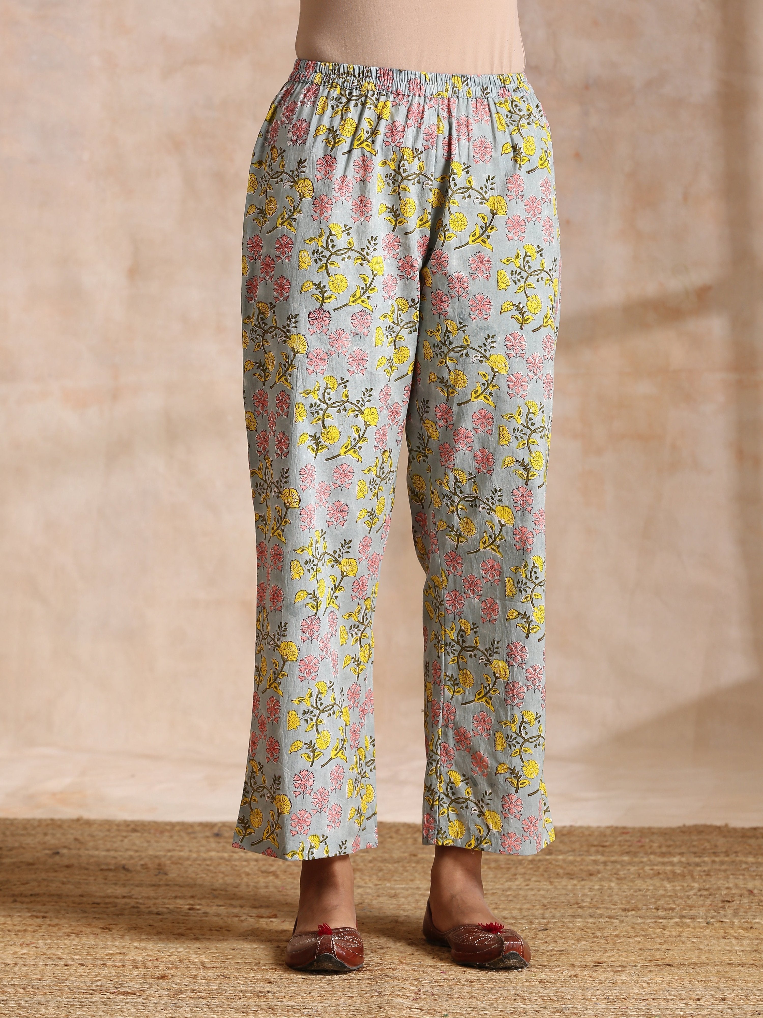 trueBrowns Grey Overall Floral Block Print Cotton Angrakha Kurta Pant Set