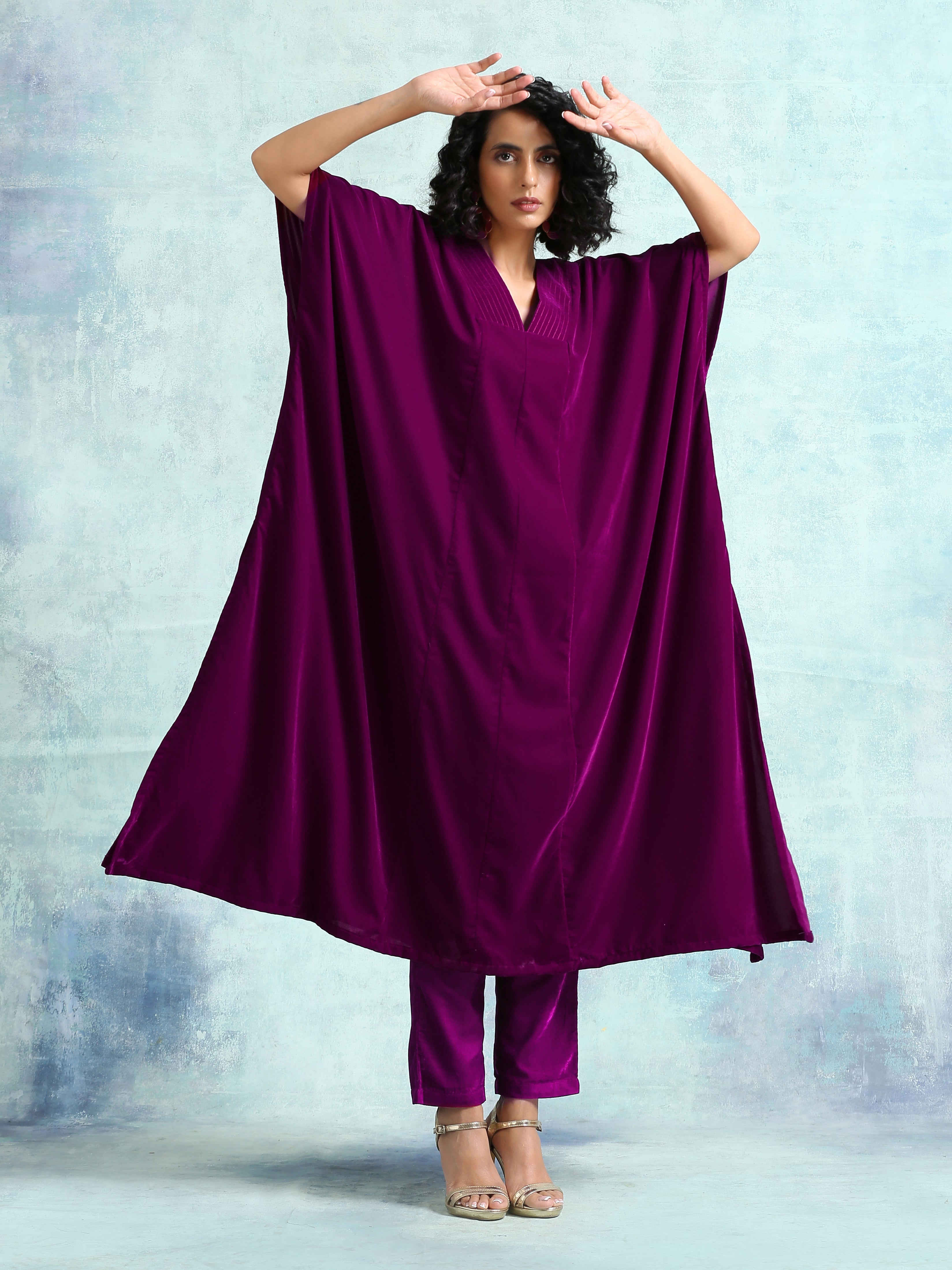 trueBrowns Wine Velvet Kaftan Kurta
