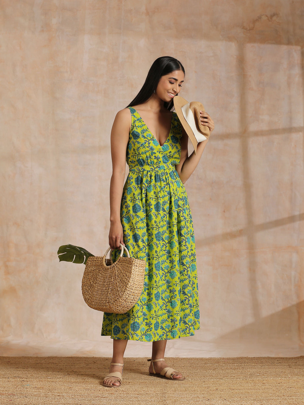 trueBrowns Lime Green Overall Teal Floral Block Print Cotton Sleeveless Wrap Dress
