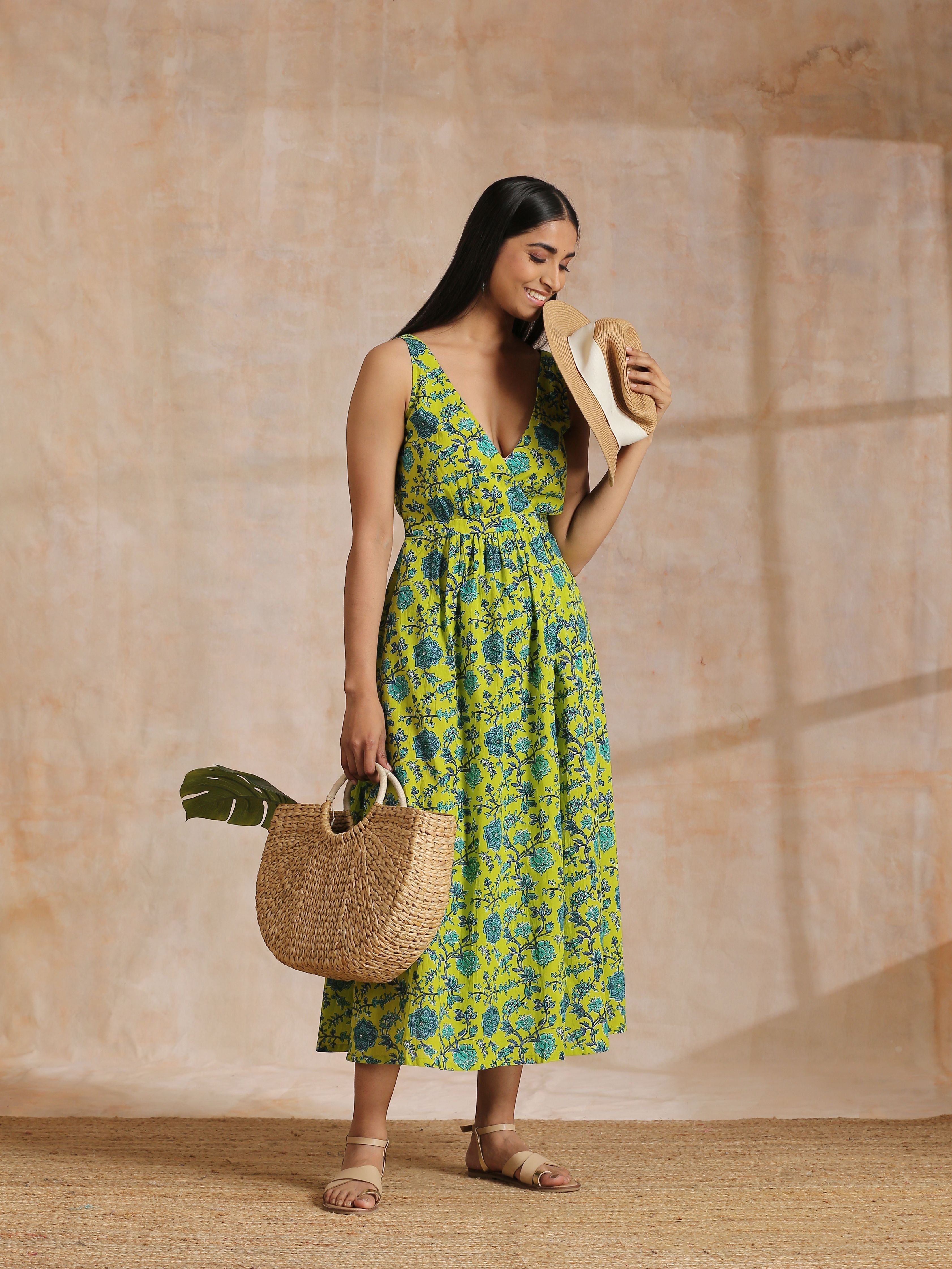 trueBrowns Lime Green Overall Teal Floral Block Print Cotton Sleeveless Wrap Dress