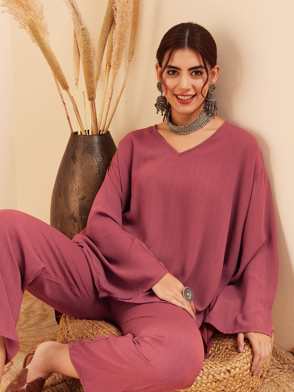 InWeave Women's Light Brown Full Sleeve Boho Top Bottom Set