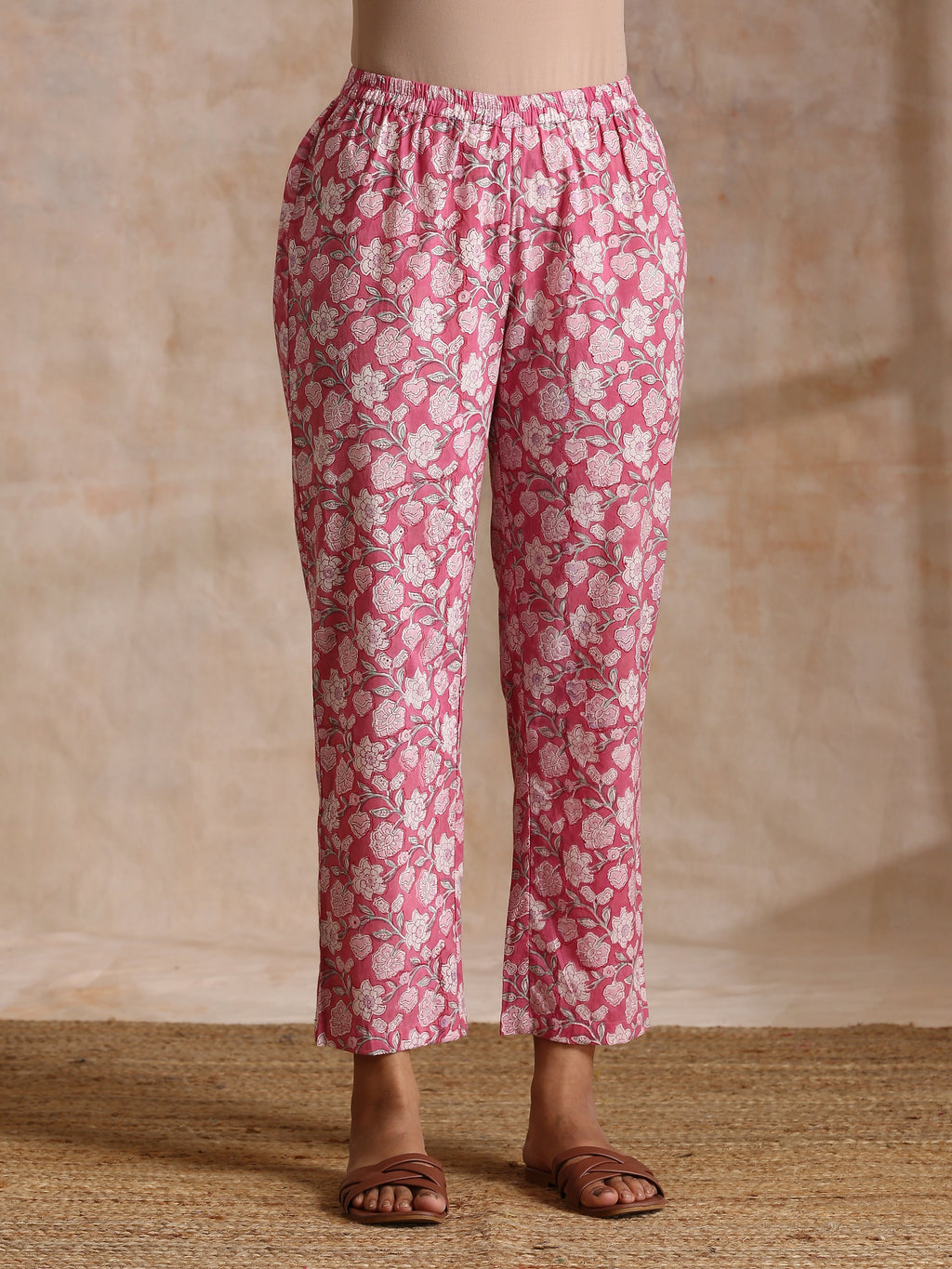 trueBrowns Pink Overall Floral Block Print Cotton Flared Kurta Pant Set