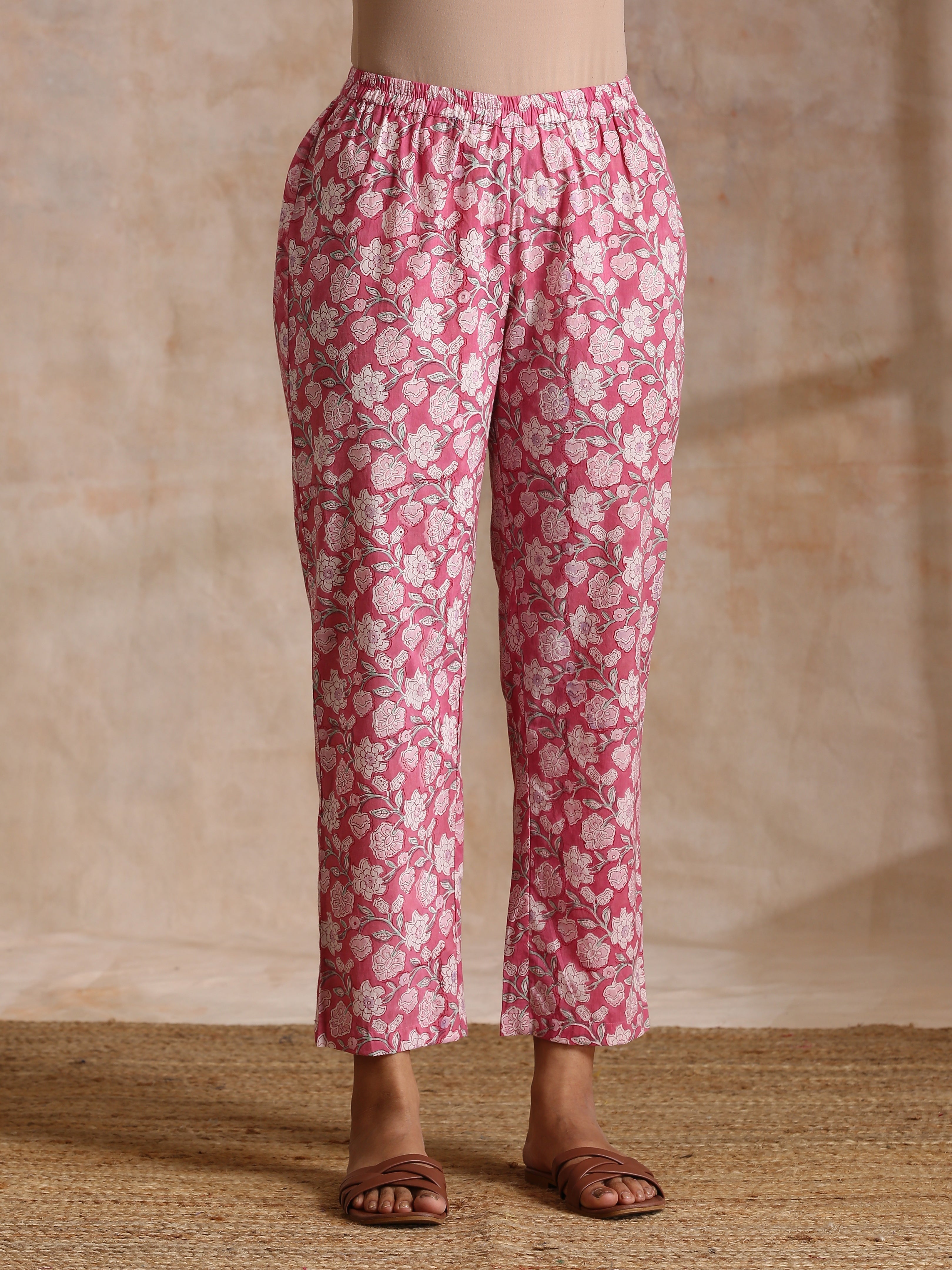 trueBrowns Pink Overall Floral Block Print Cotton Flared Kurta Pant Set