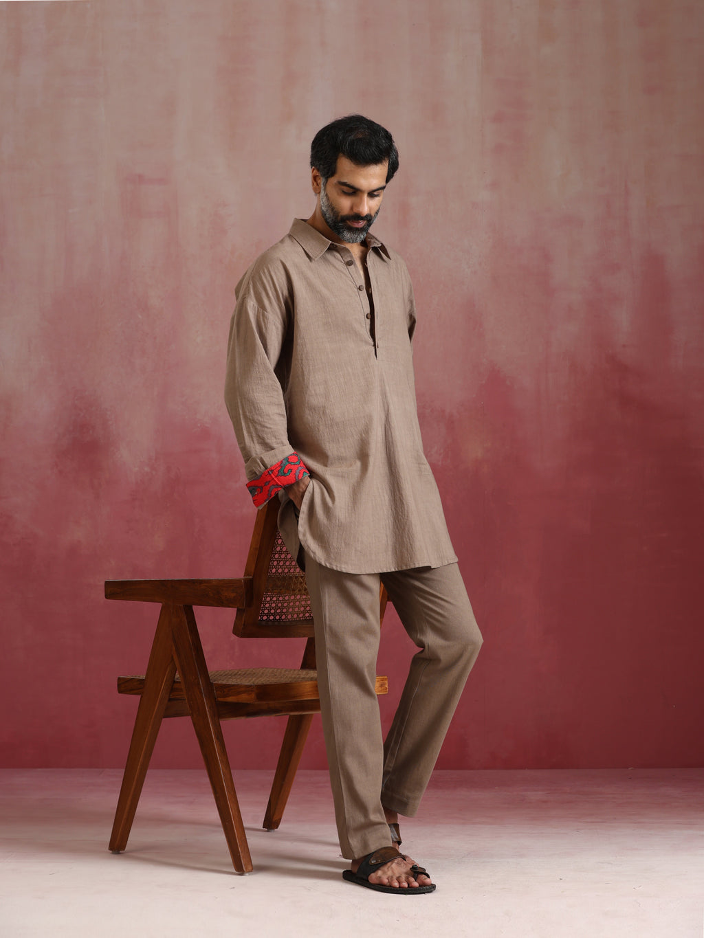 trueBrowns Men's Grey Cotton Shirt Collar Stylized Kurta Co-ord set