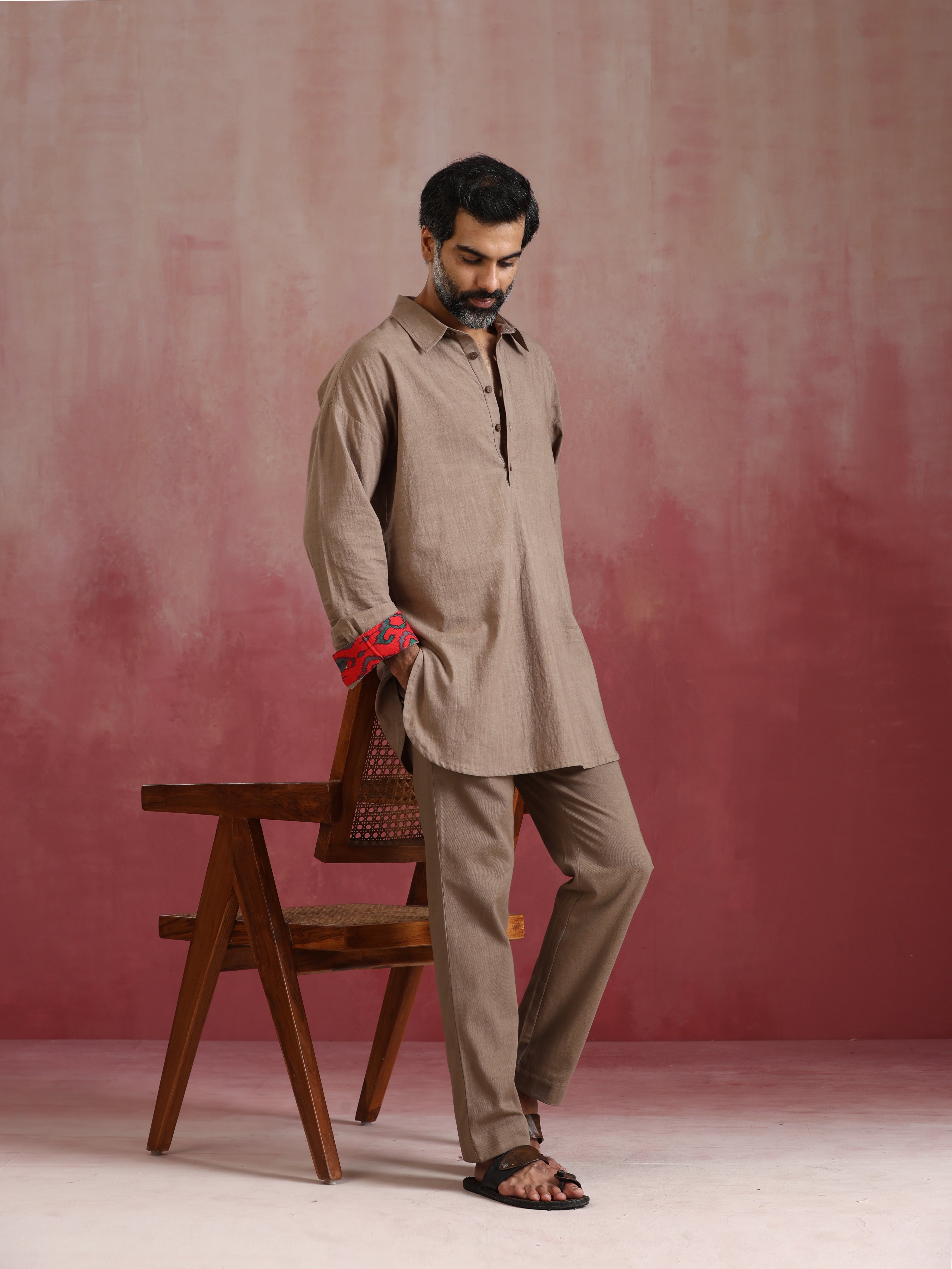 trueBrowns Men's Grey Cotton Shirt Collar Stylized Kurta Co-ord set