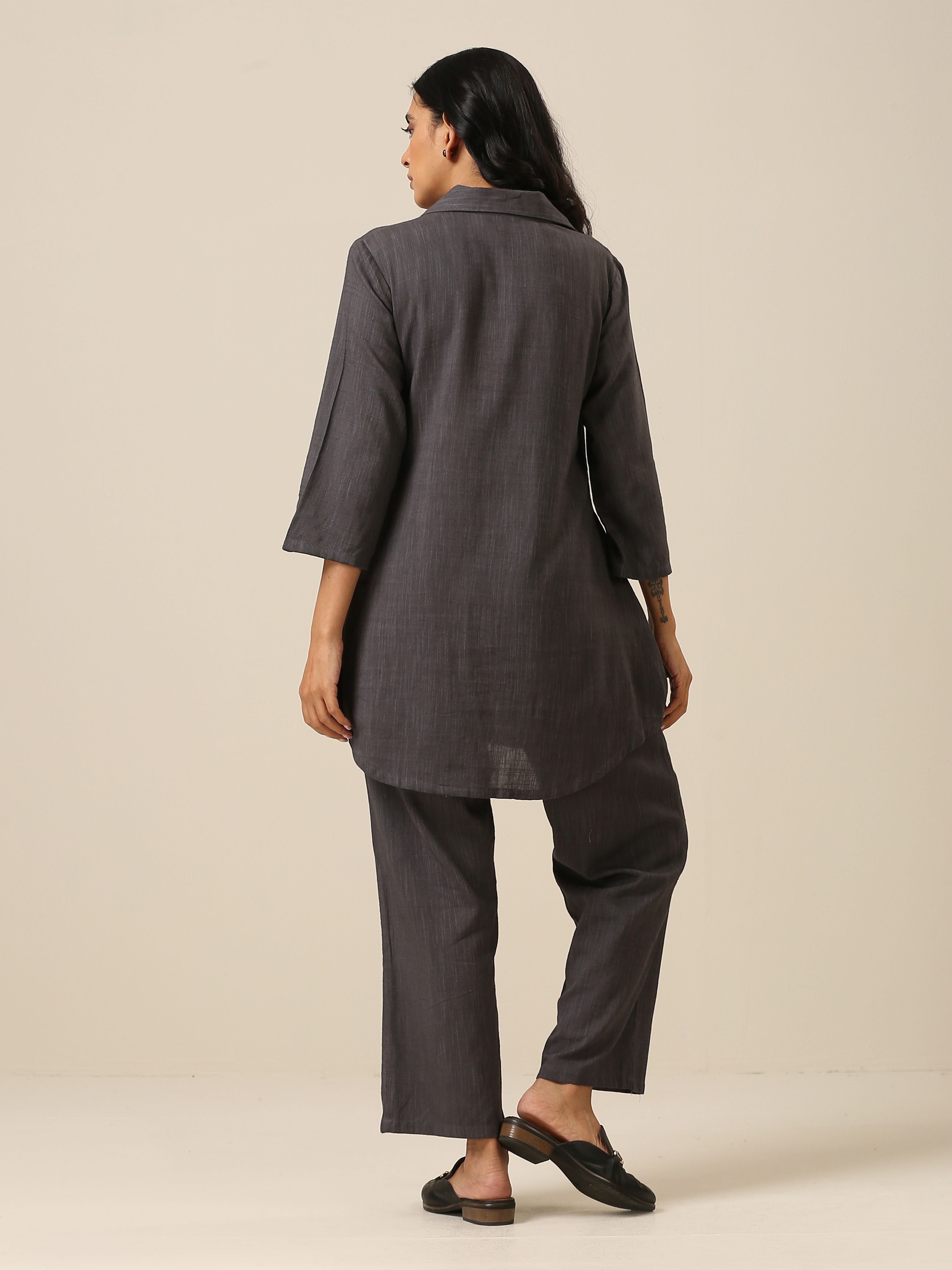 trueBrowns Slate Grey Slub Texture Collar Short Co-Ord Set