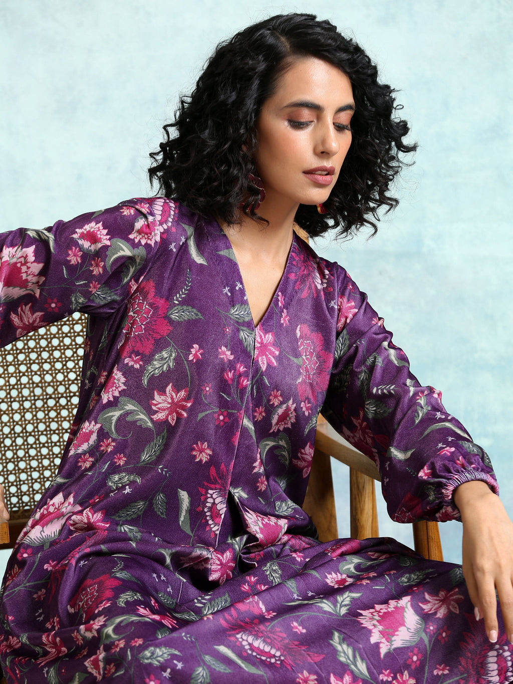 trueBrowns Wine Printed Velvet Neck Pleat Kurta