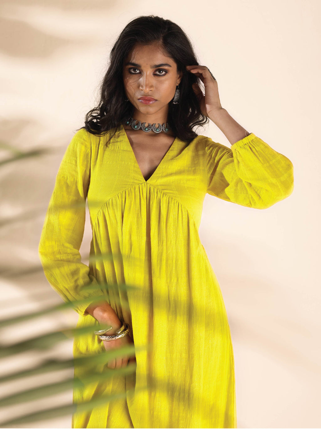 trueBrowns Lime Cotton Dobby Flared Dress