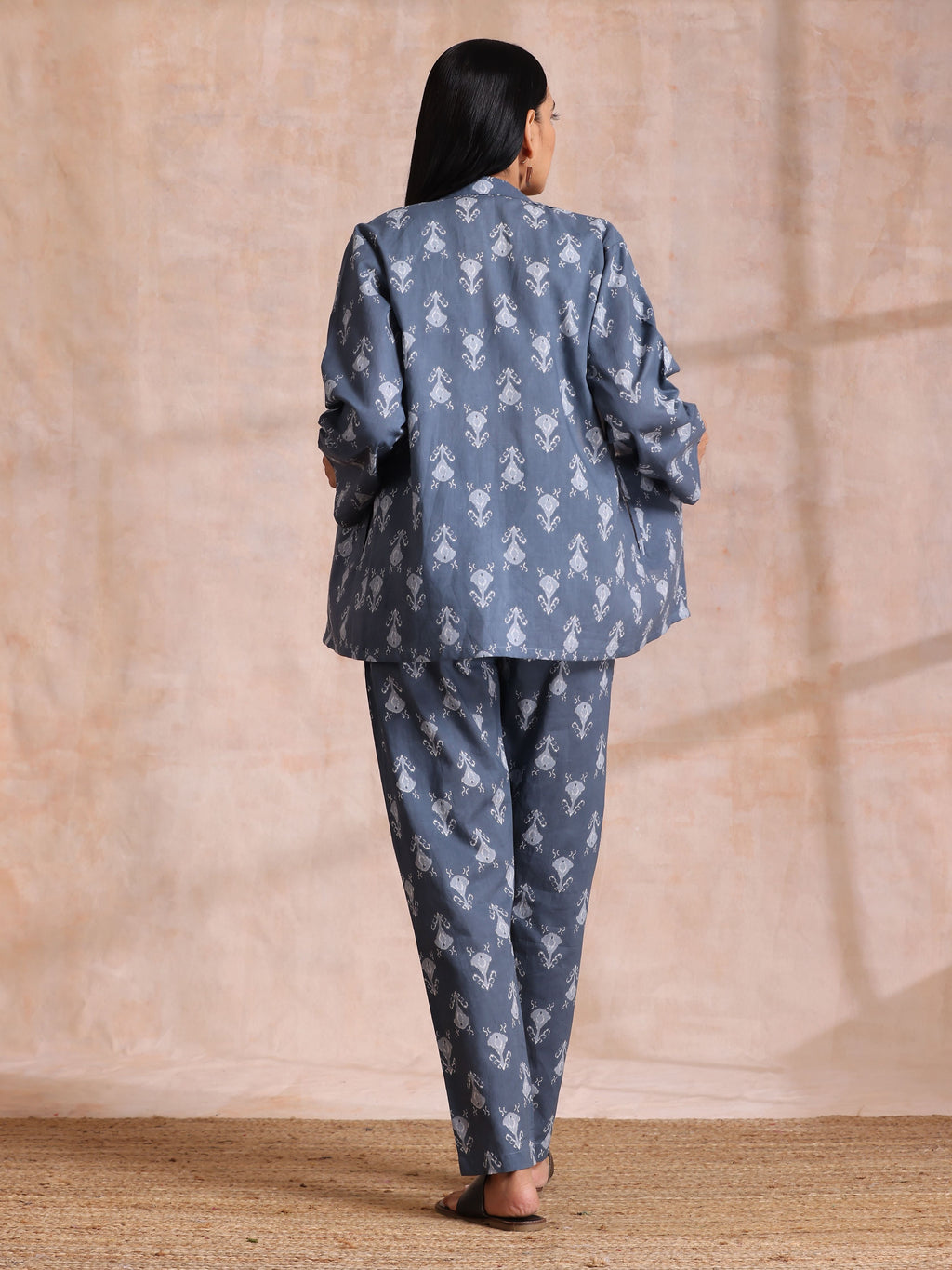 trueBrowns Grey On Grey Ikat Print Cotton Pant Suit Set