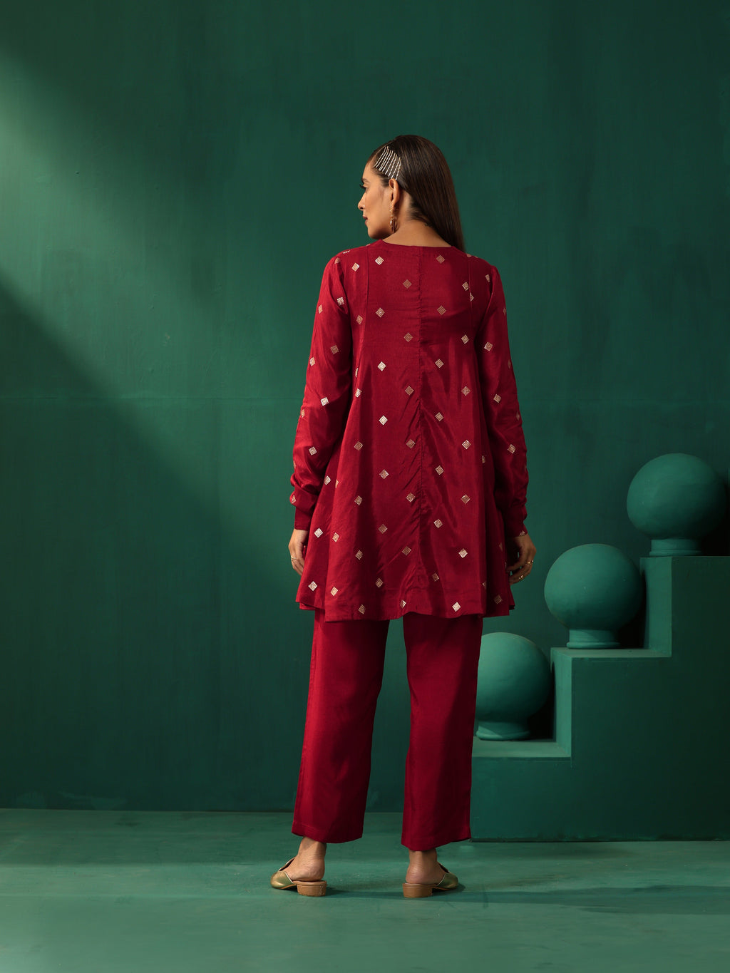 trueBrowns Maroon Diamond Viscose Silk Relaxed Co-ord Set
