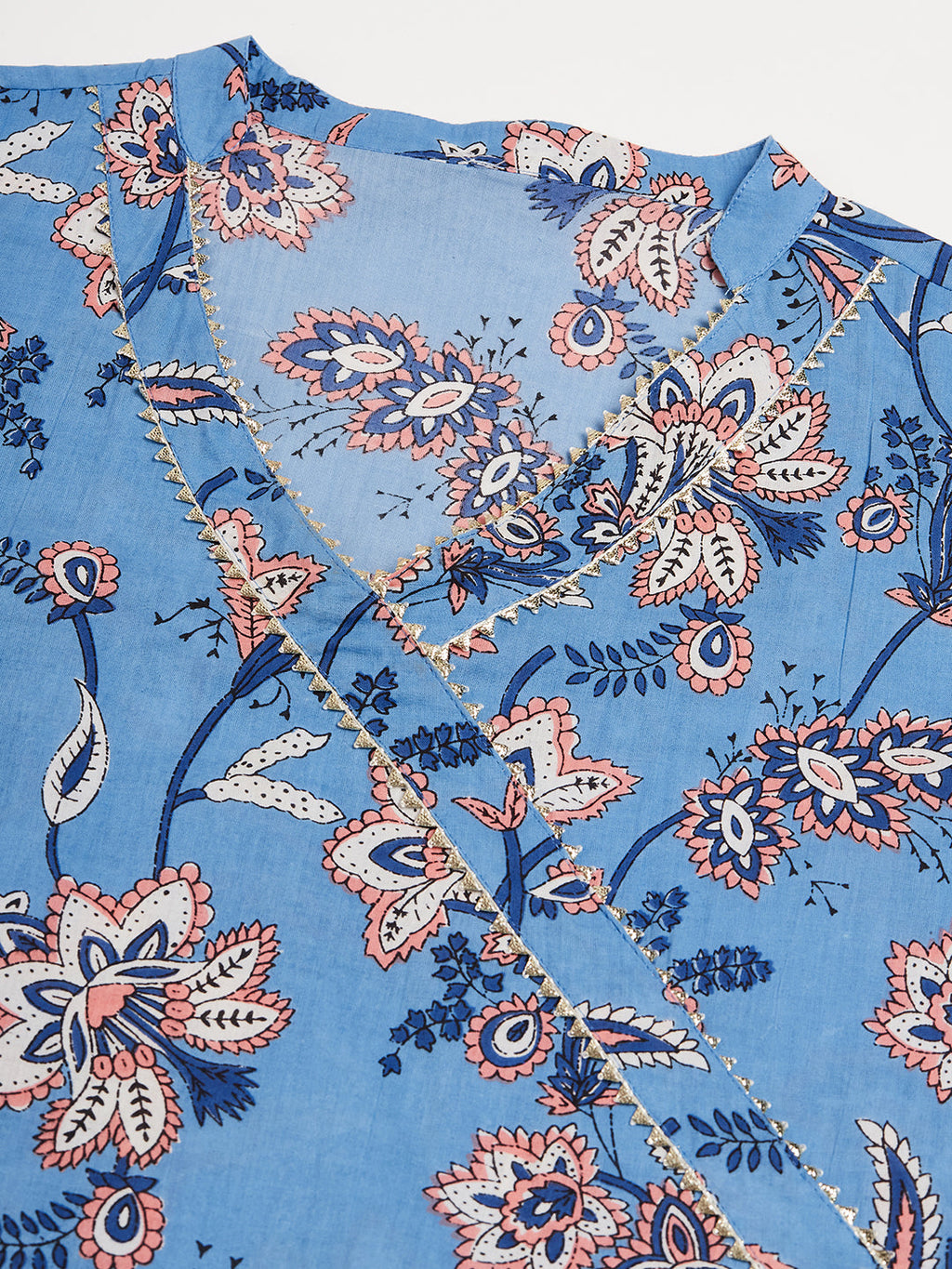 InWeave Women's Skyblue Pink Floral Angrakha Straight Kurta