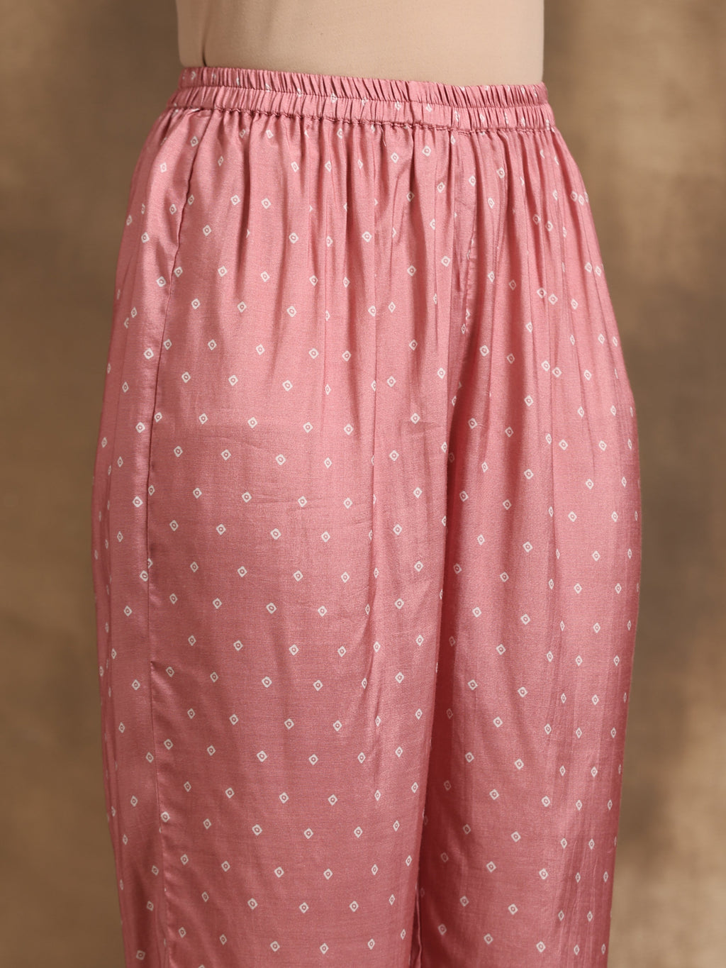 trueBrowns Light Mauve Bandhani Printed Silk Angrakha Kurta Pant Set
