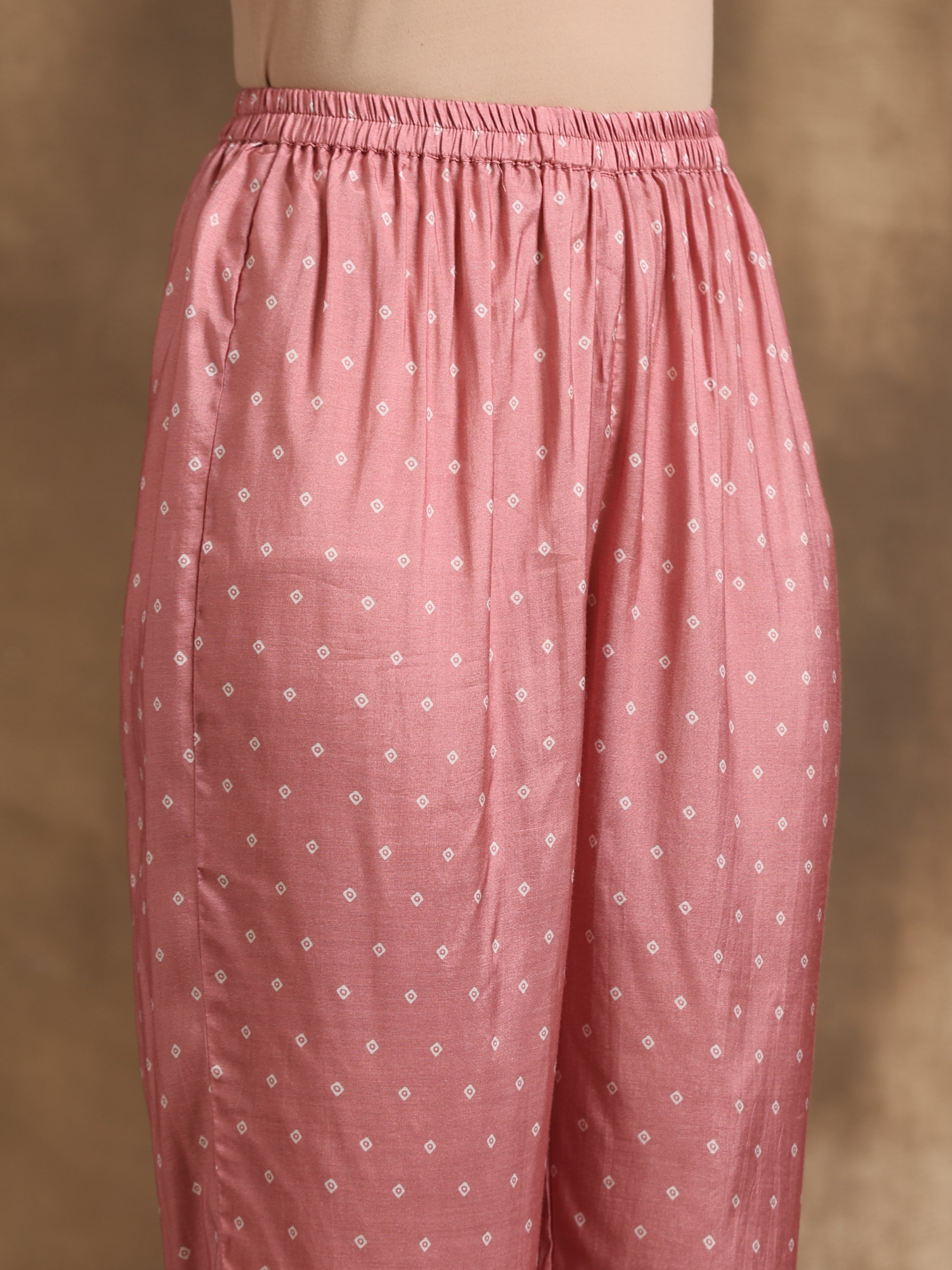 trueBrowns Light Mauve Bandhani Printed Silk Angrakha Kurta Pant Set