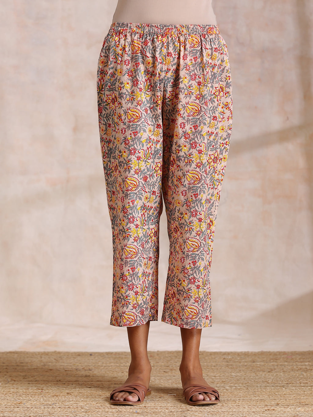 trueBrowns Multicolor Beige Overall Floral Block Print Cotton Kaftan Co-Ord Set