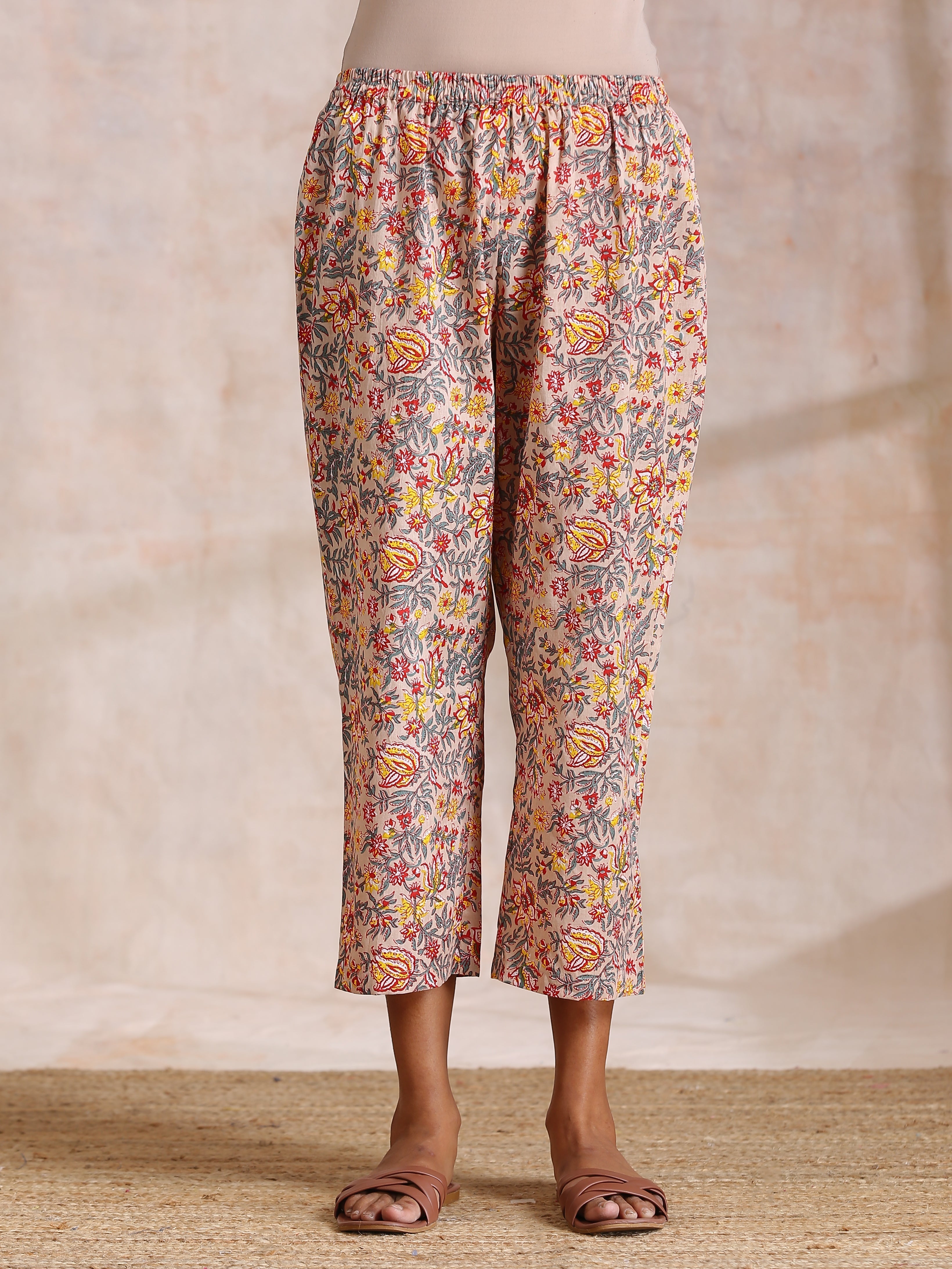 trueBrowns Multicolor Beige Overall Floral Block Print Cotton Kaftan Co-Ord Set