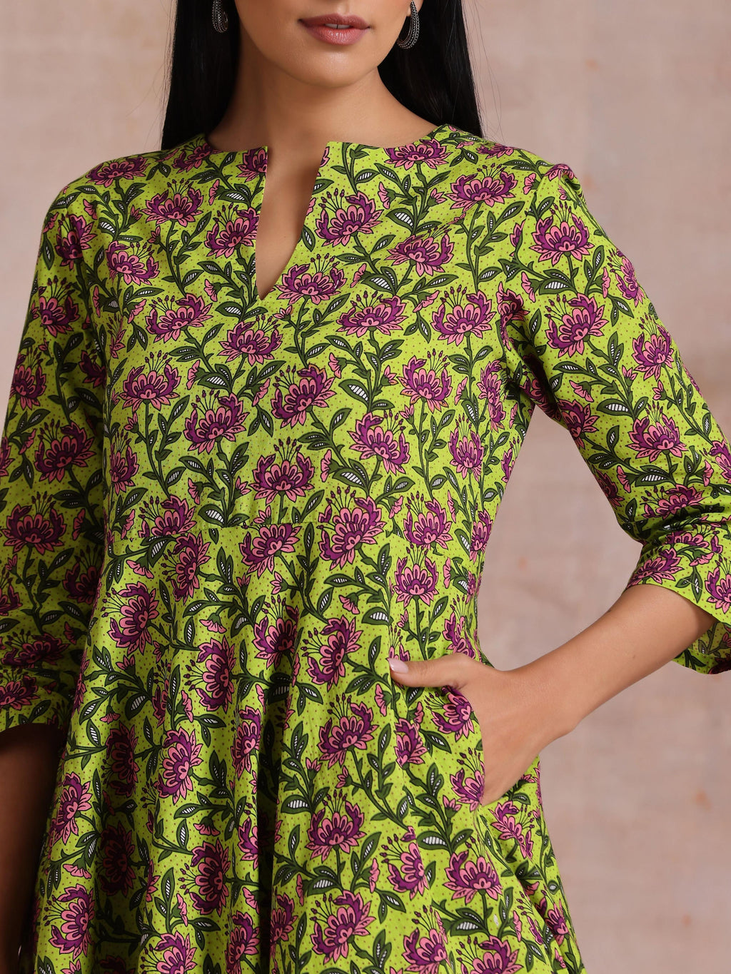 trueBrowns Lime Green Overall Pink Floral Block Print Cotton Flared Kurta Pant Set