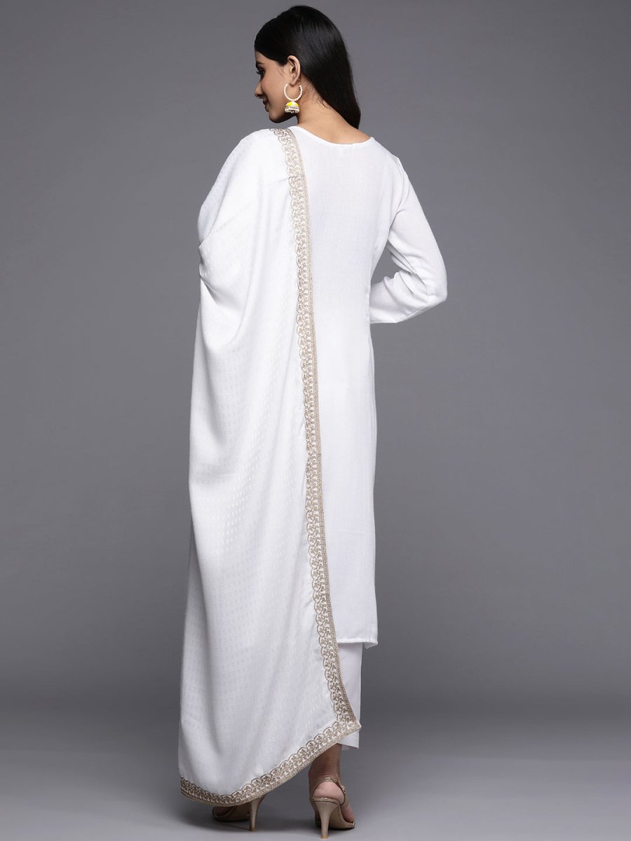 Ahalyaa Women White Ethnic Motifs Embroidered Aari Work Pashmina Kurta with Salwar & With Dupatta