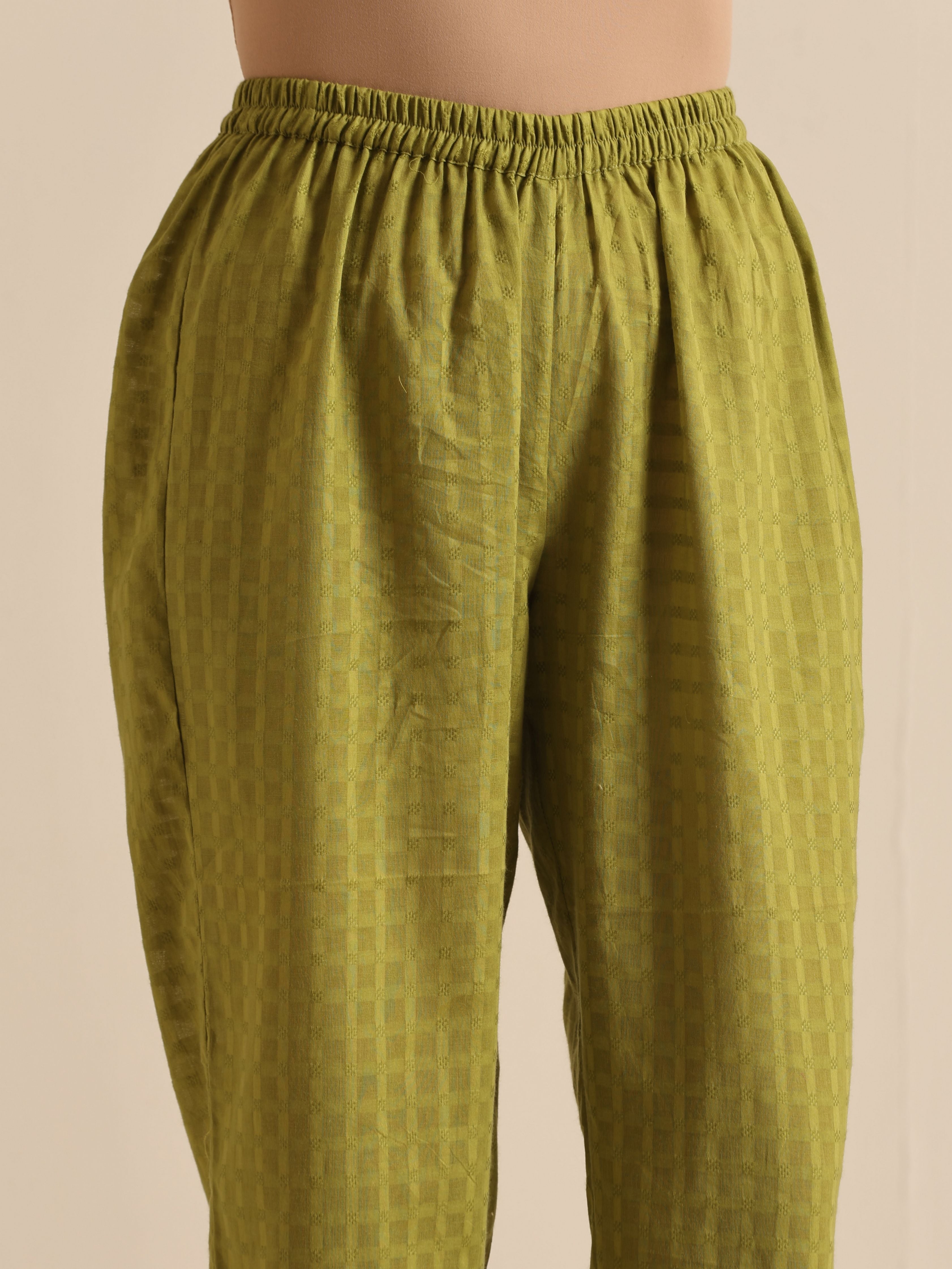 trueBrowns Fresh Green Dobby Puff Sleeve Kurta Pant Set