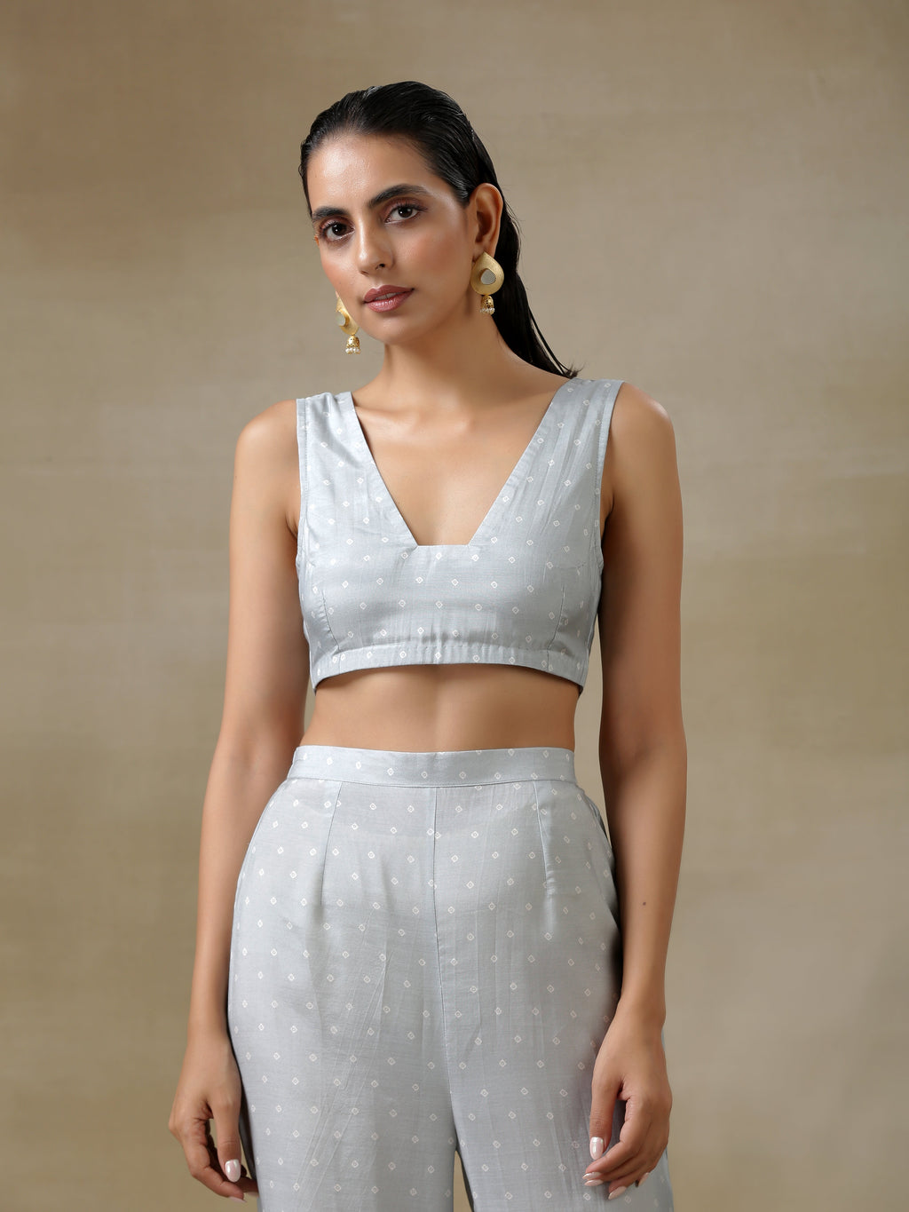 trueBrowns Grey Bandhani Printed Silk Overlay Jacket Blouse Pant Set