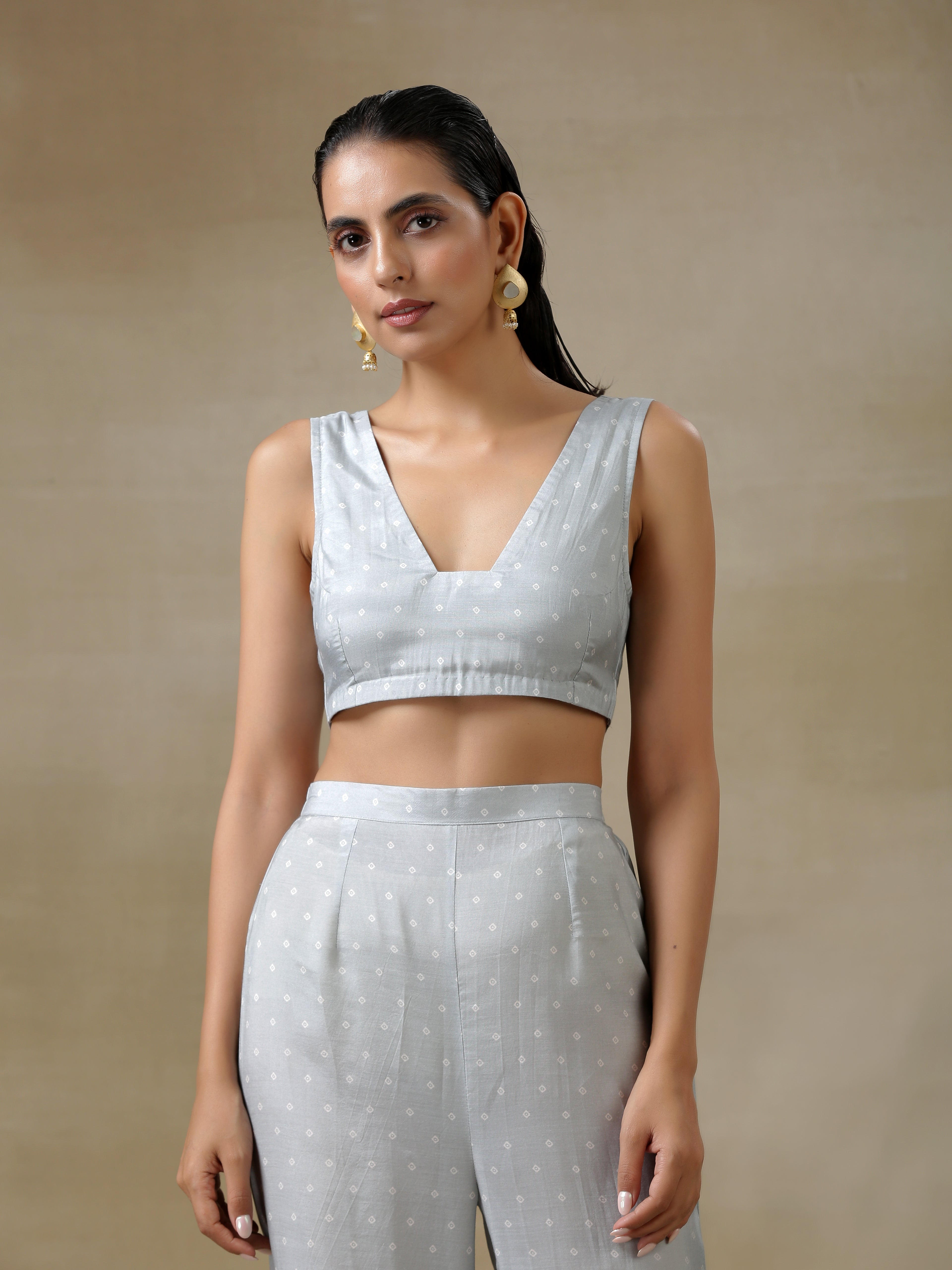 trueBrowns Grey Bandhani Printed Silk Overlay Jacket Blouse Pant Set