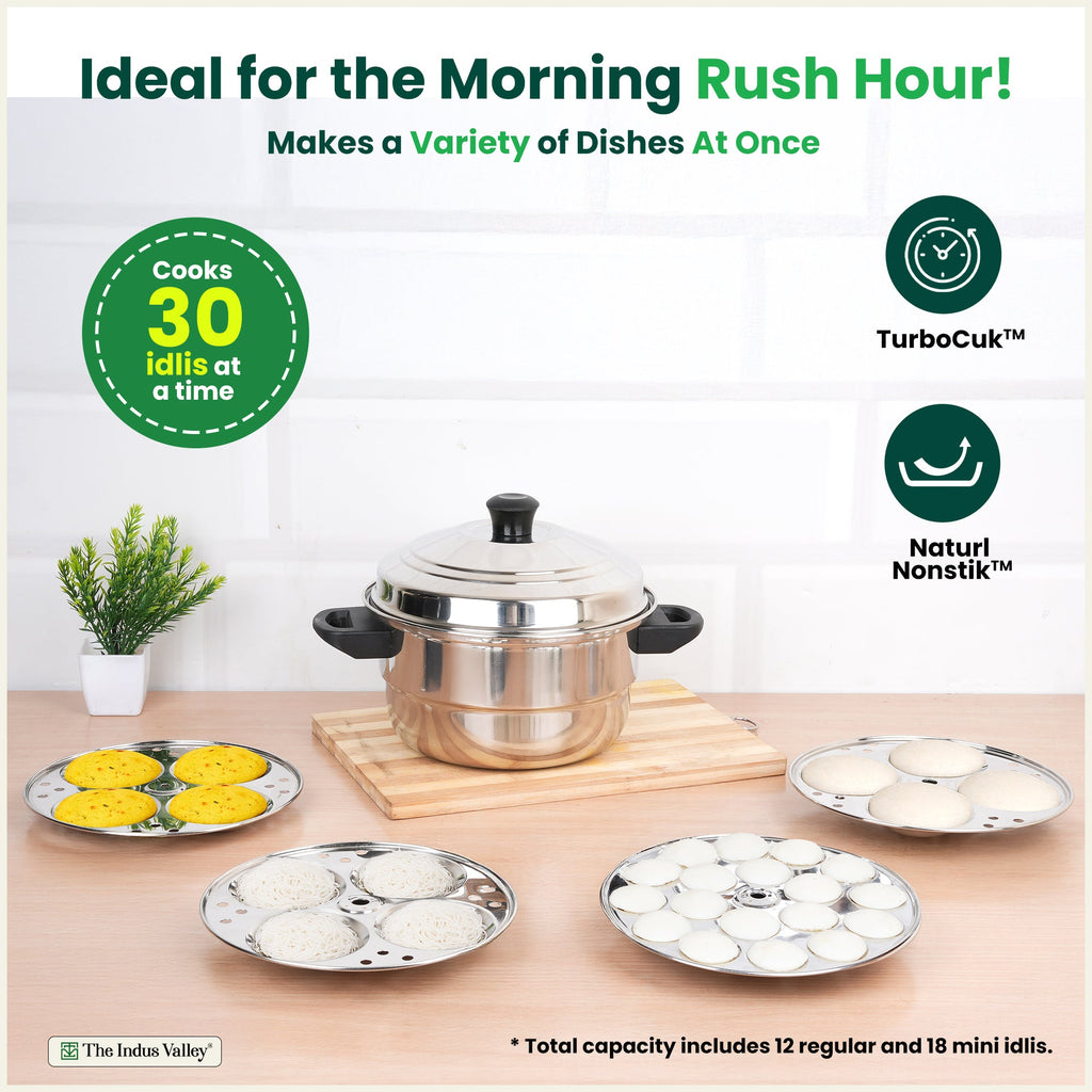 The Indus Valley Premium Stainless Steel idlipot regular with mini idli plates-(3+1) Idli/ Momo Maker/  Veg Steaming Set, Tri-ply Induction Bottom, 4 Plates