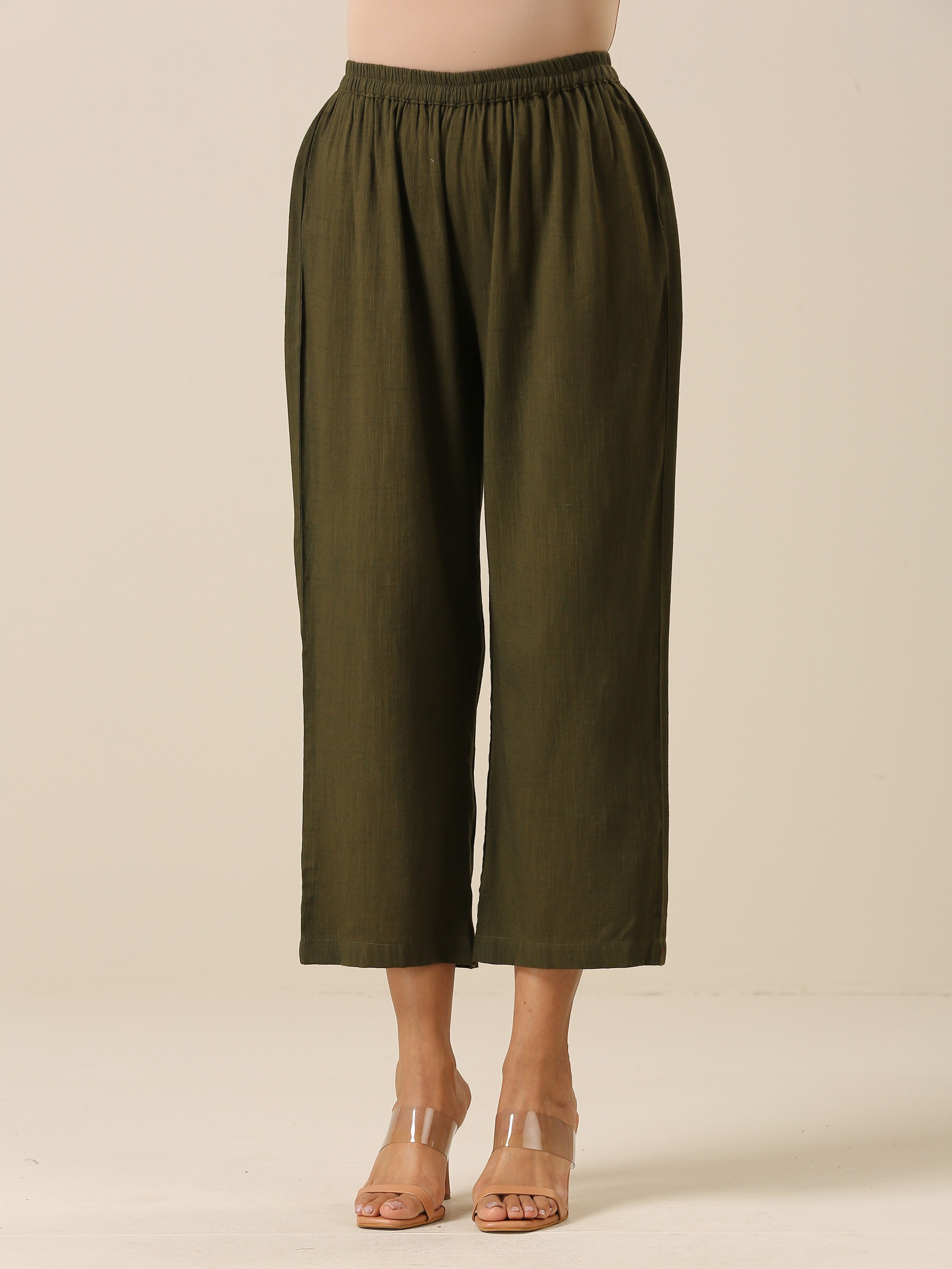 trueBrowns Olive Green Slub Texture Kurta Pant Set