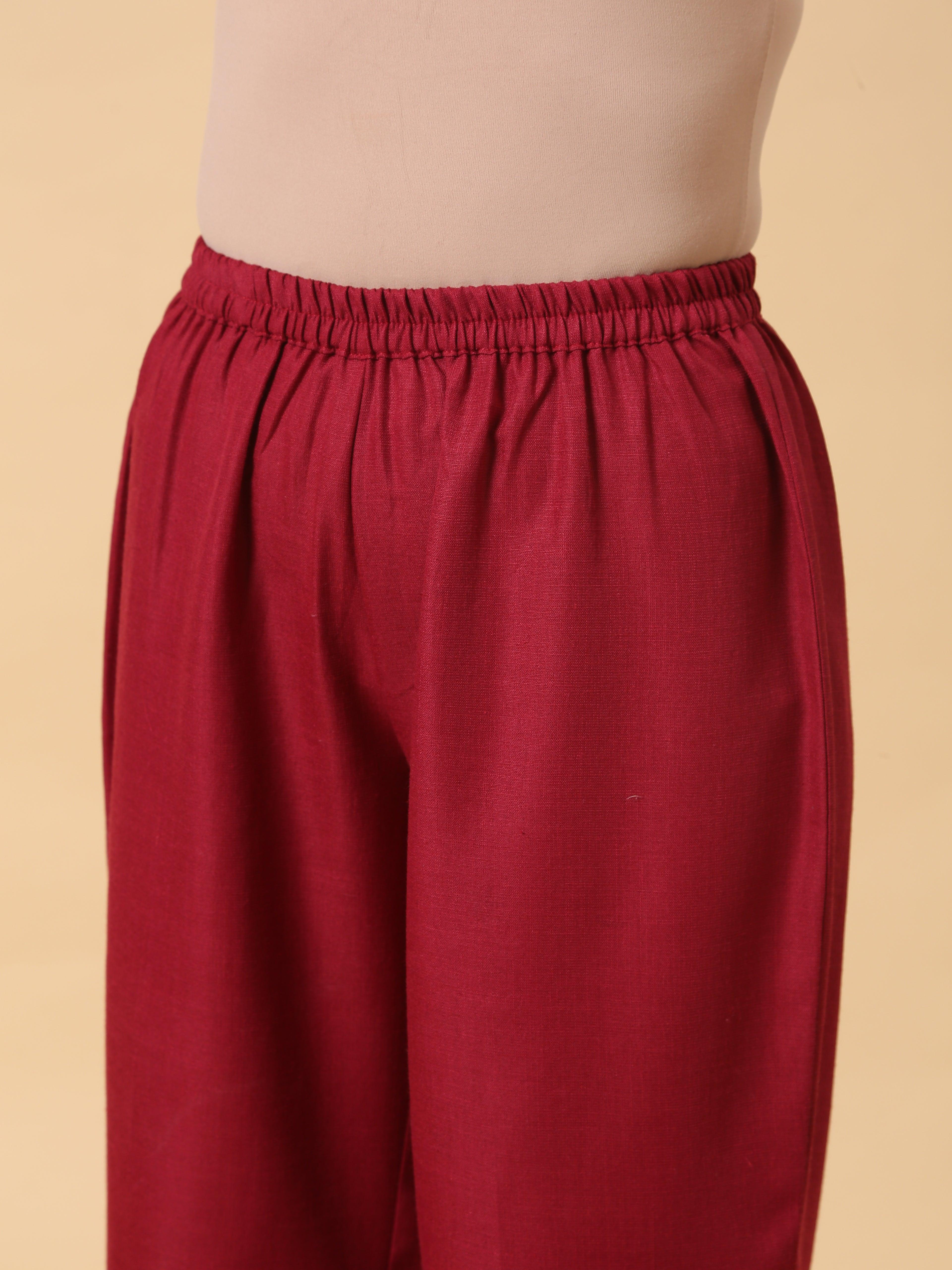 trueBrowns Cotton Linen Maroon Sleeveless Kurta Pant Set