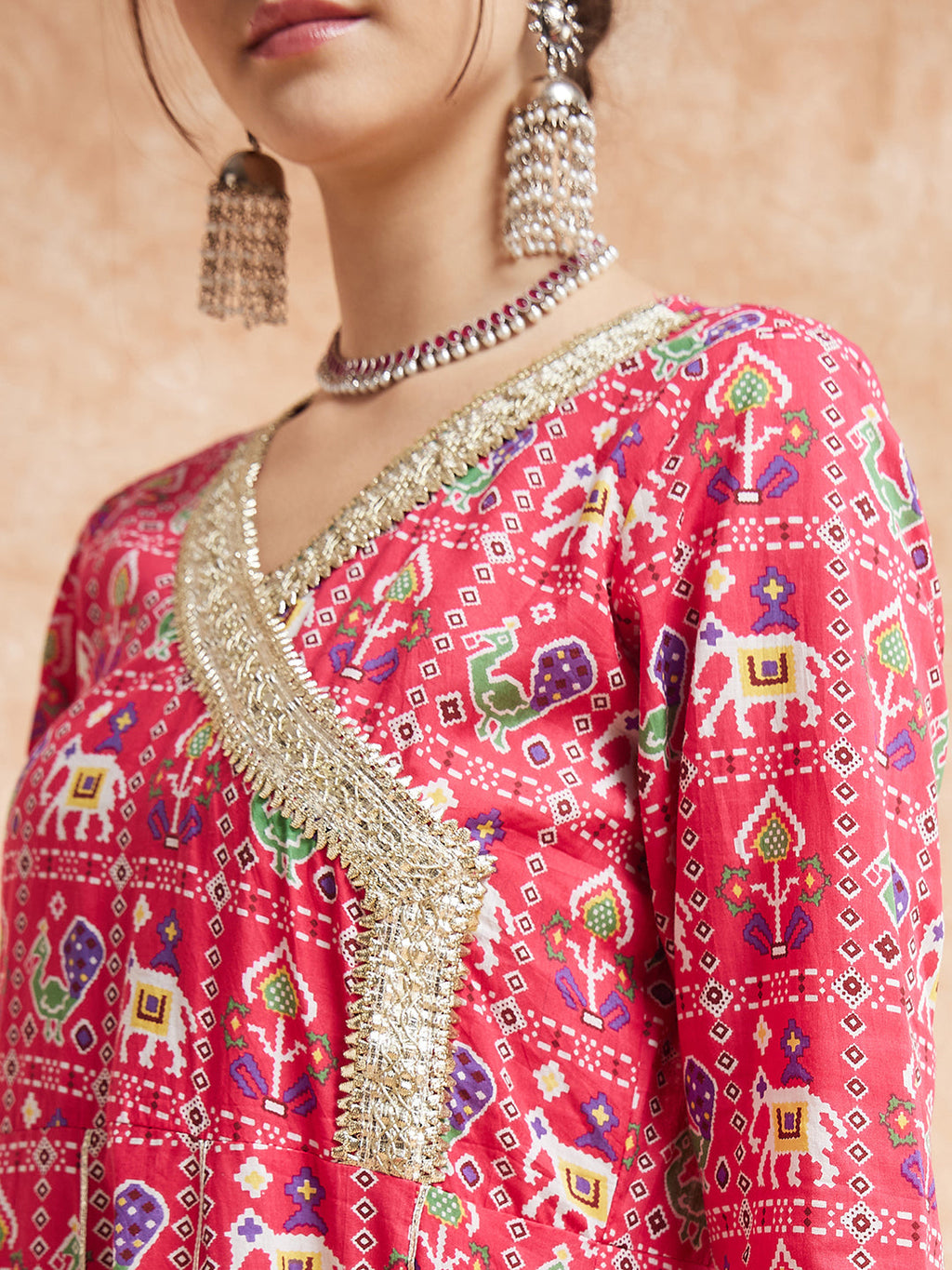 InWeave Women's Pink Patola Printed Gota Embroidered Anarkali Kurta