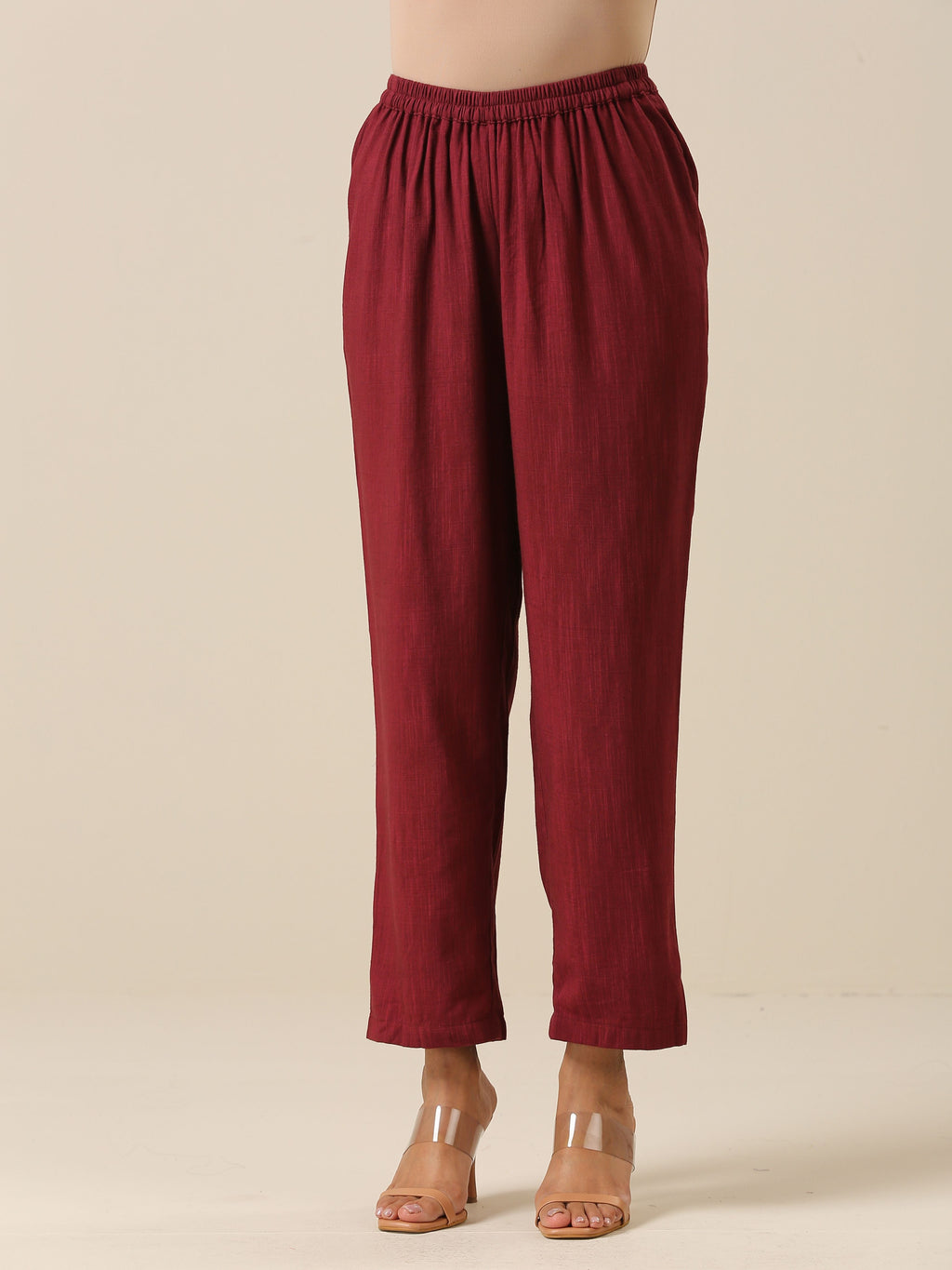 trueBrowns Ruby Wine Slub Texture High Low Kaftan Pant Set