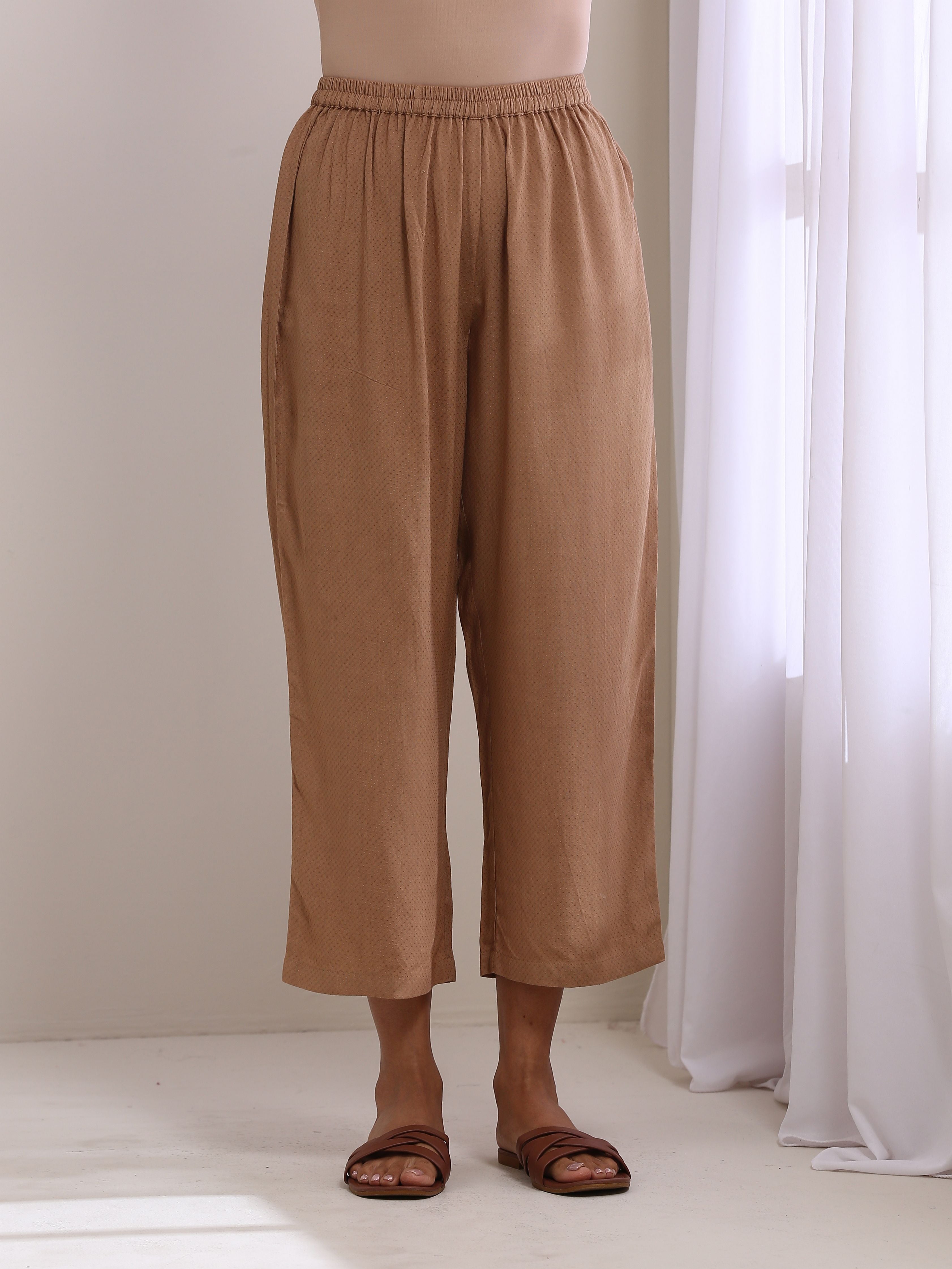 trueBrowns Beige Dobby Gathered Kurta Pant Set