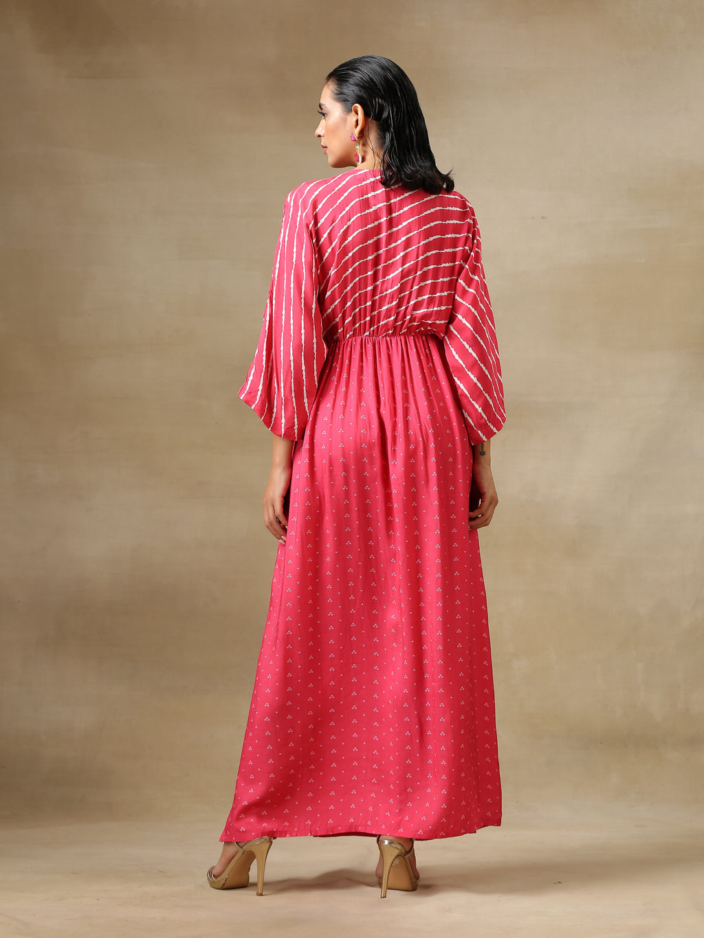 trueBrowns Pink Bandhani Printed Silk Drop Shoulder Dress