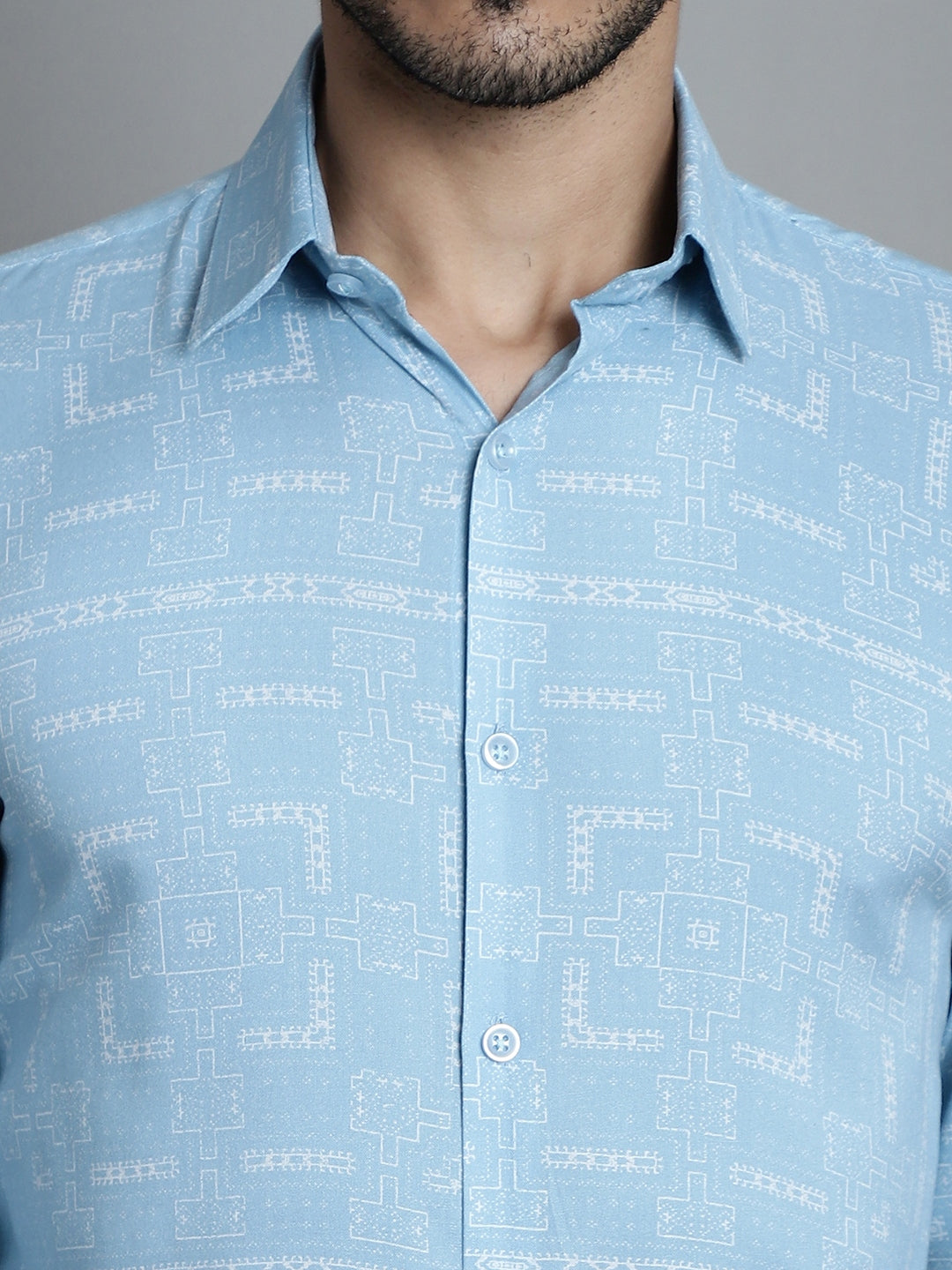 Jainish Men's Geomatric Printed Formal Shirts - Sky Blue