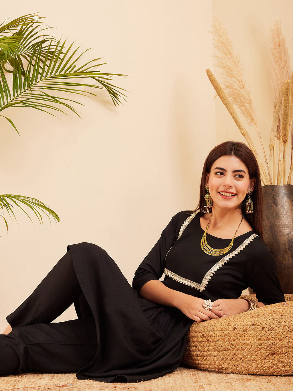 InWeave Women's Black Round Neck Square Gota Work Kurta Pant Set