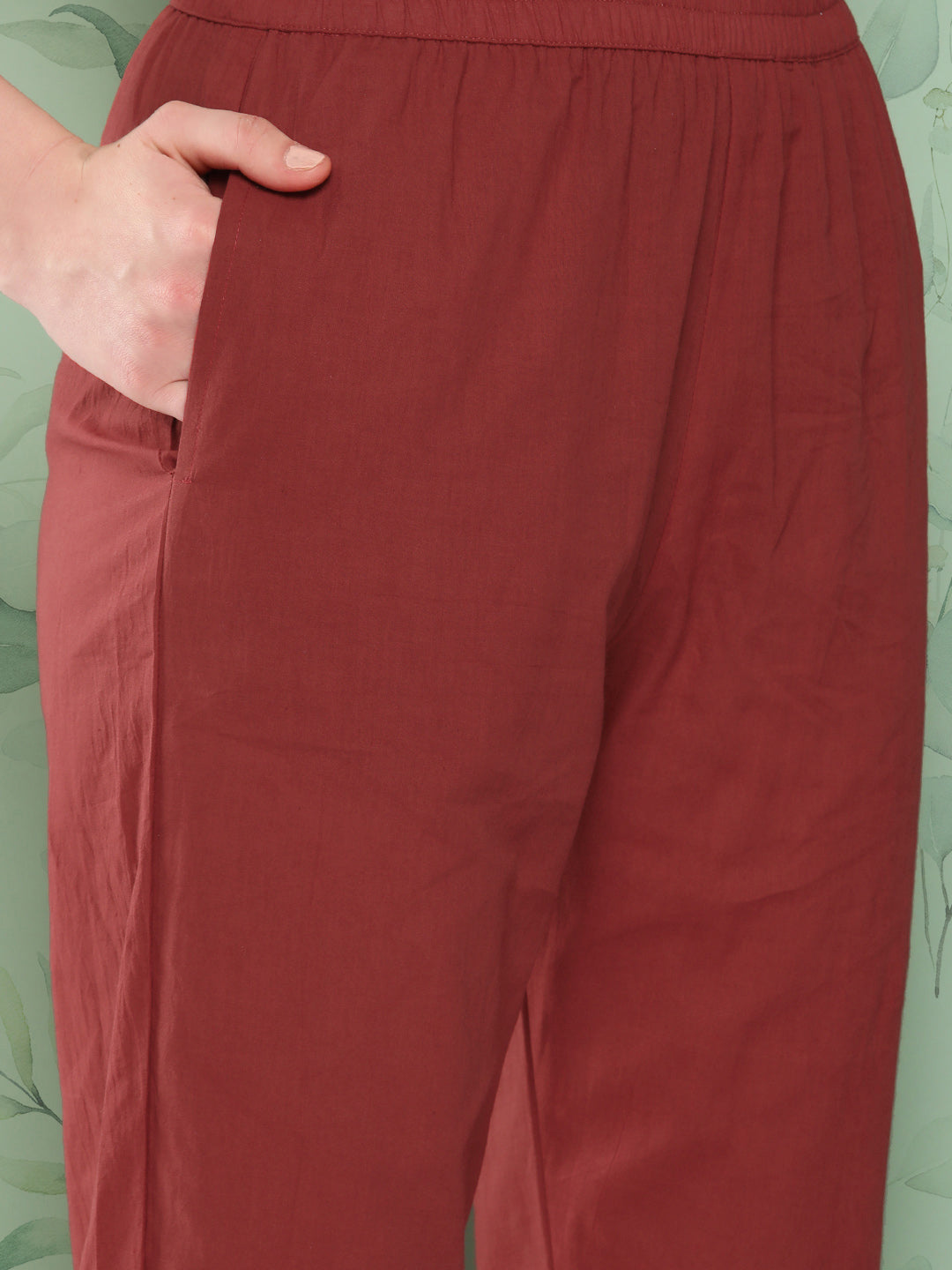 InWeave Women's Long Kurta Set Rust Ajrakh With Green Ajrakh Dupatta
