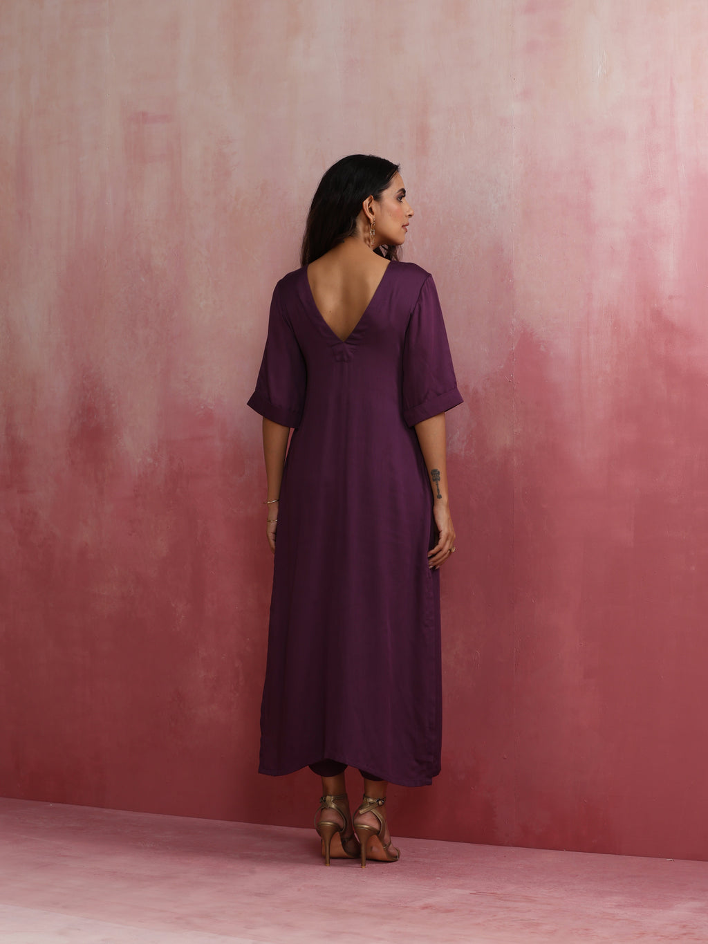 trueBrowns Purple Modal Pleated Kurta Set