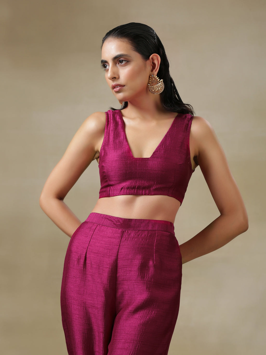 trueBrowns Purple Textured Silk Overlay Jacket Blouse Pant Set | Relove