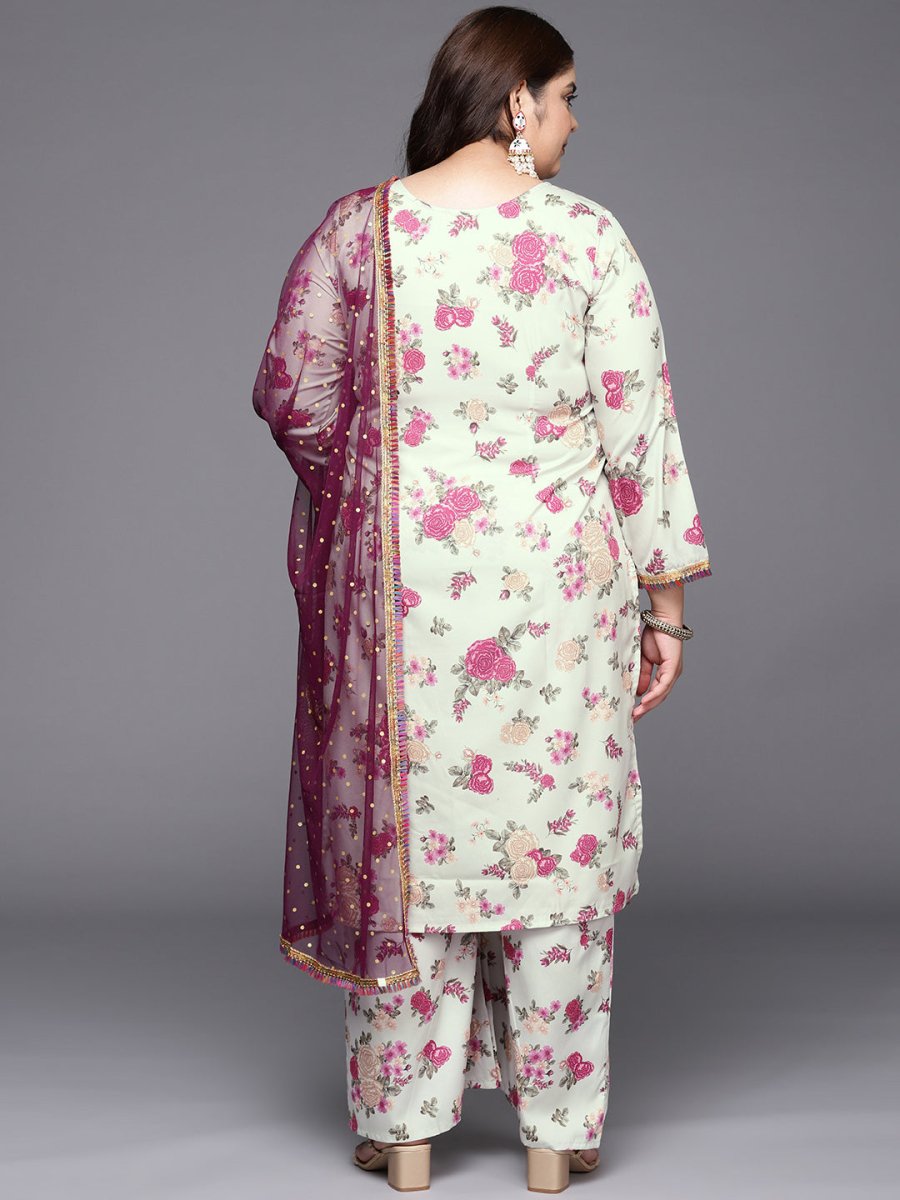 Ahalyaa Plus Size Floral Printed Zari Kurta with Palazzos & With Dupatta