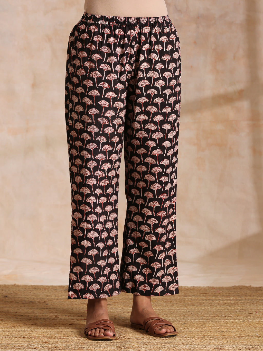 trueBrowns Rust Red Bagru Floral Print Cotton Panel Kaftan Kurta Pant Set