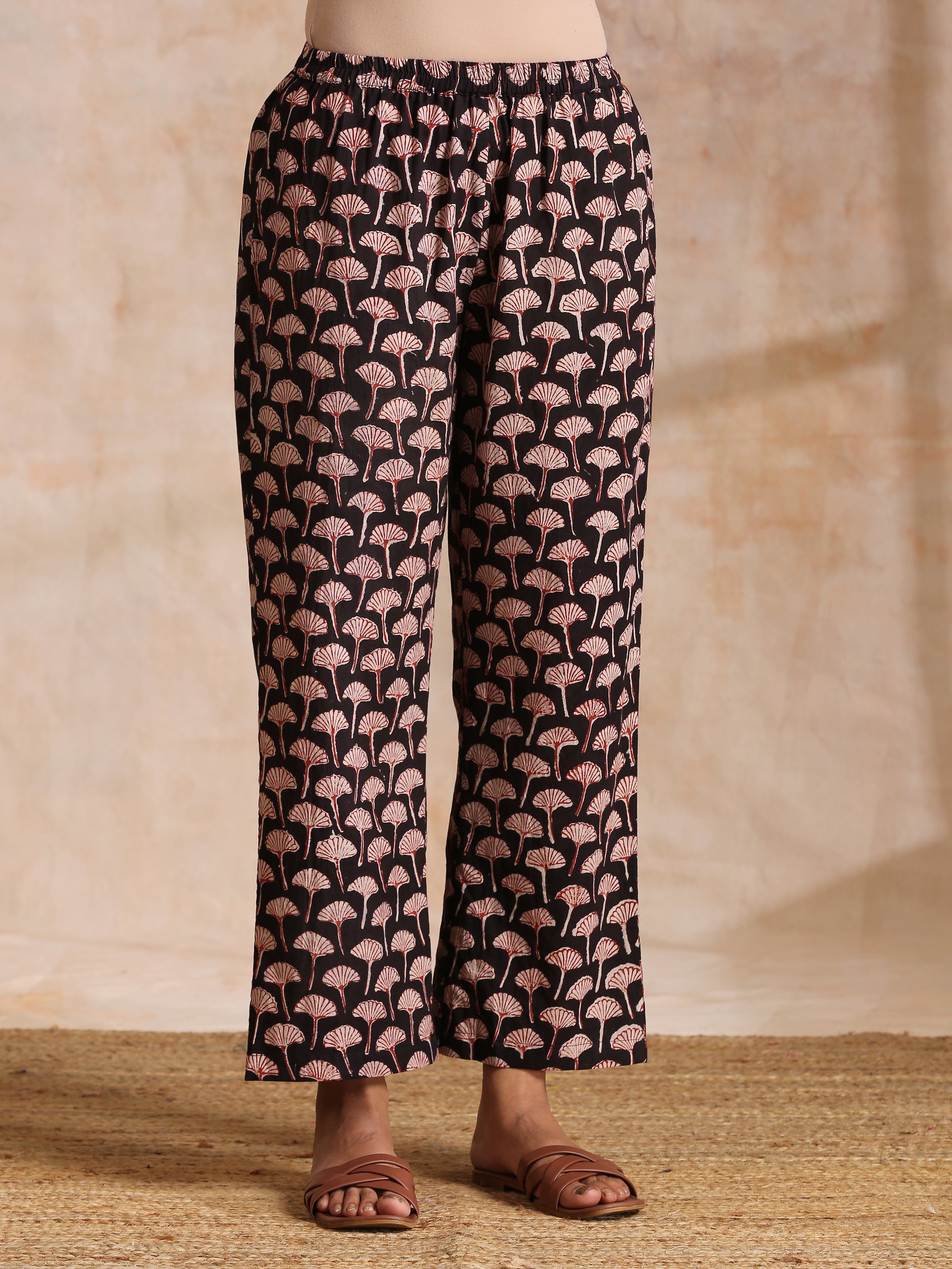 trueBrowns Rust Red Bagru Floral Print Cotton Panel Kaftan Kurta Pant Set