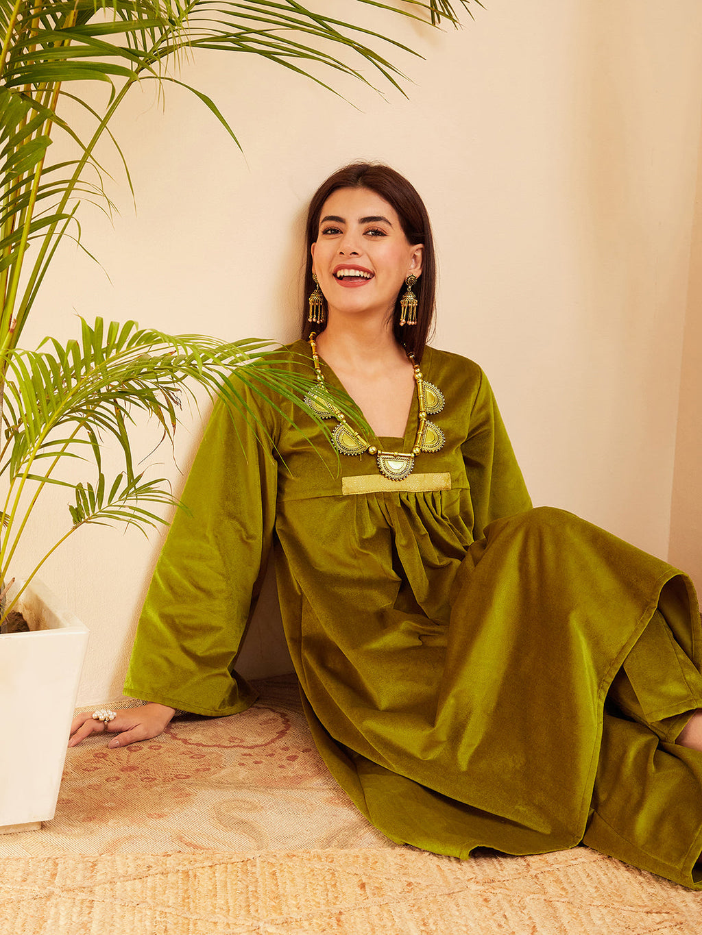 InWeave Women's Olive V Neck Asymmetrical Pleated Velvet Kurta Set