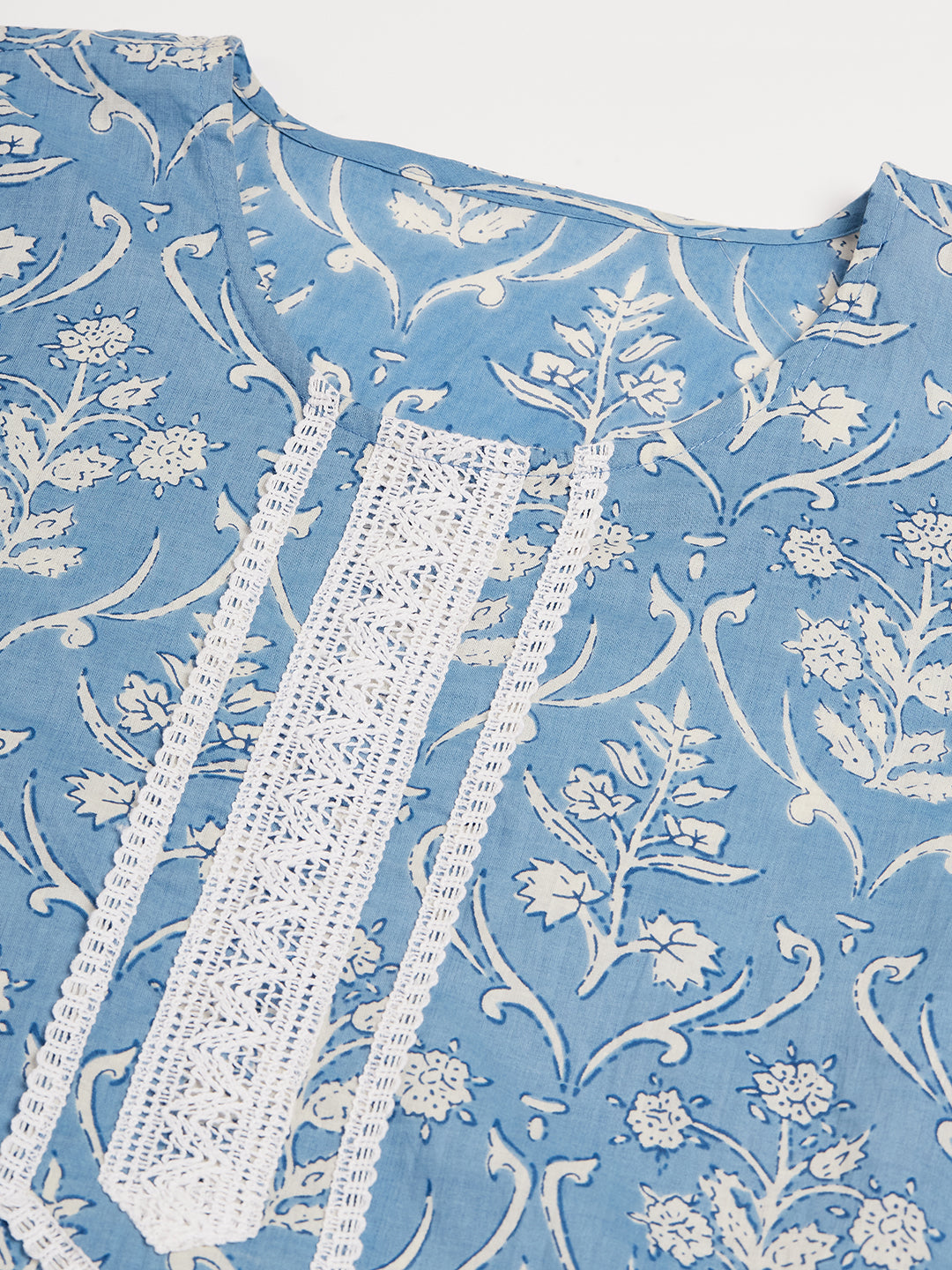 InWeave Women's Powder Blue White Print Lace Straight Kurta