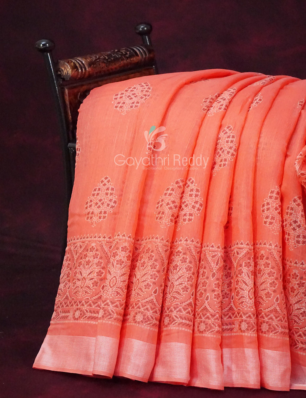 Peachish Orange Block Printed Semi Chanderi Saree By Gayathri Reddy Designer Studio