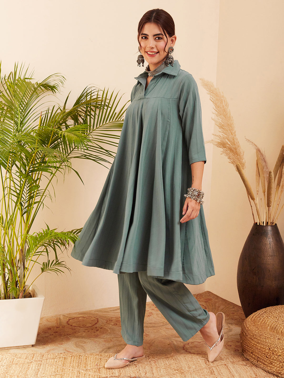 InWeave Women's Light Mint Collared Neck Flared Kurta Pant Set