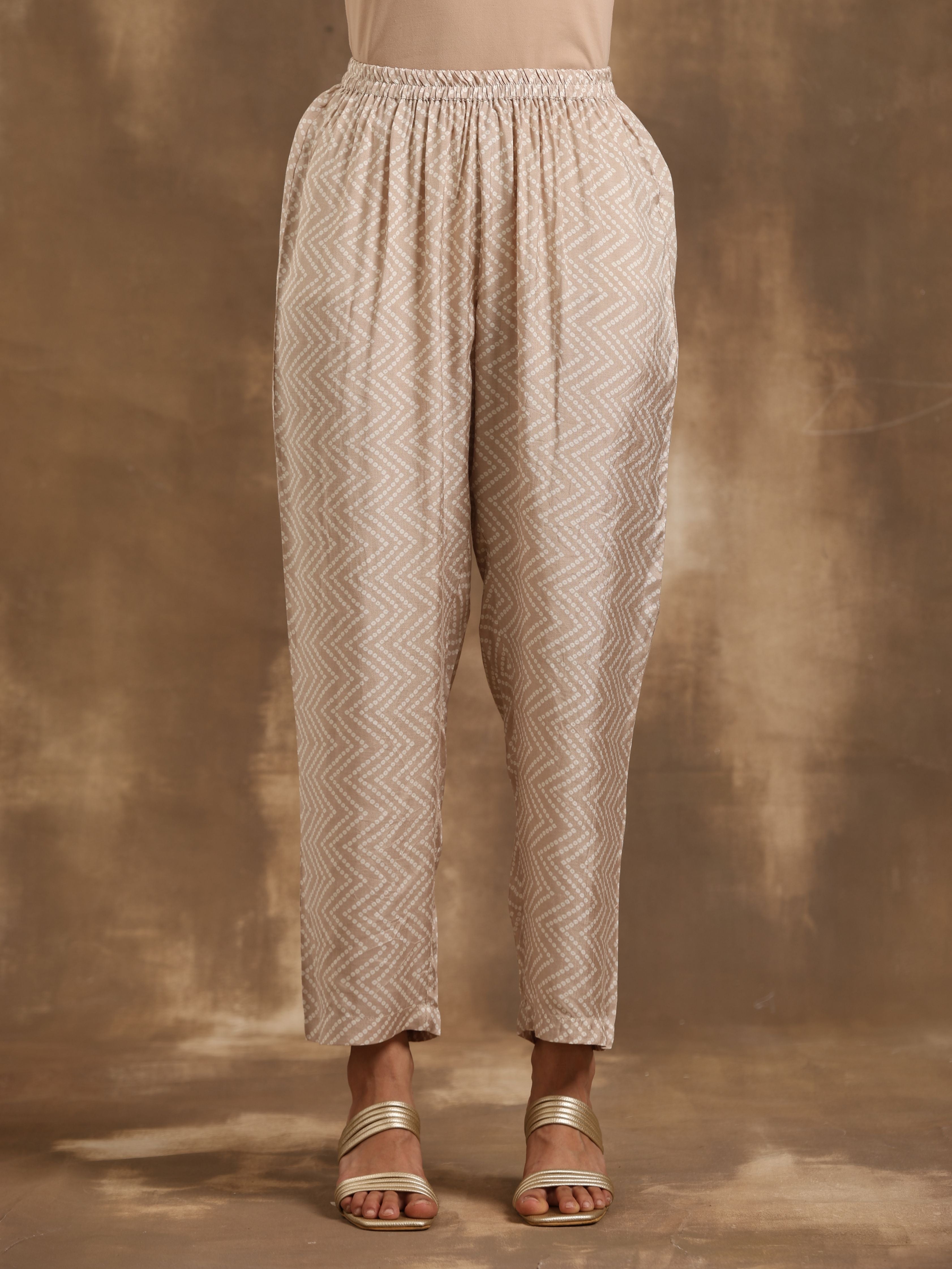 trueBrowns Beige Zig-Zag Print Silk Angrakha Kurta Pant Set