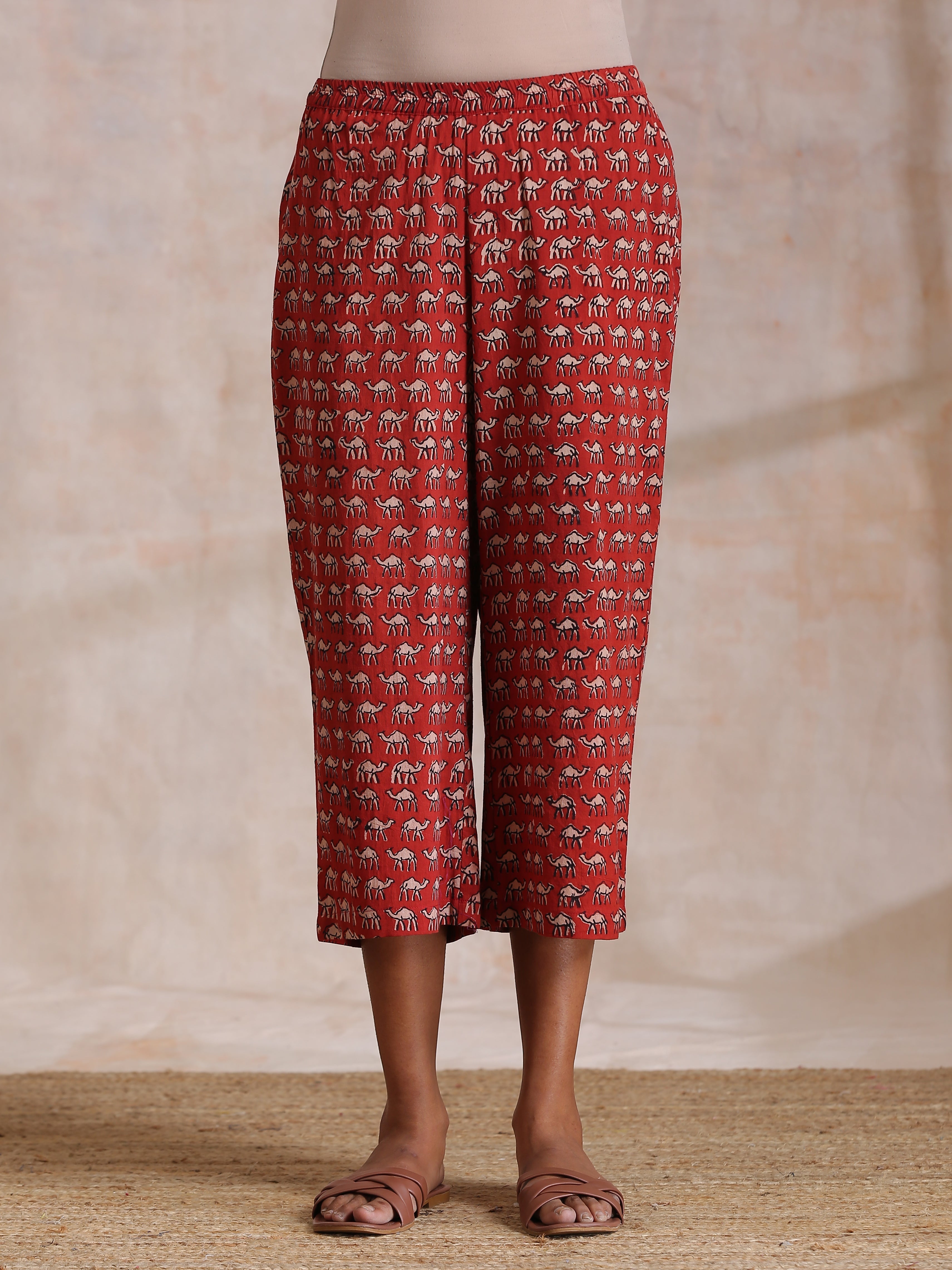 trueBrowns Rust Red Bagru Camel Print Cotton High-Low Co-Ord Set
