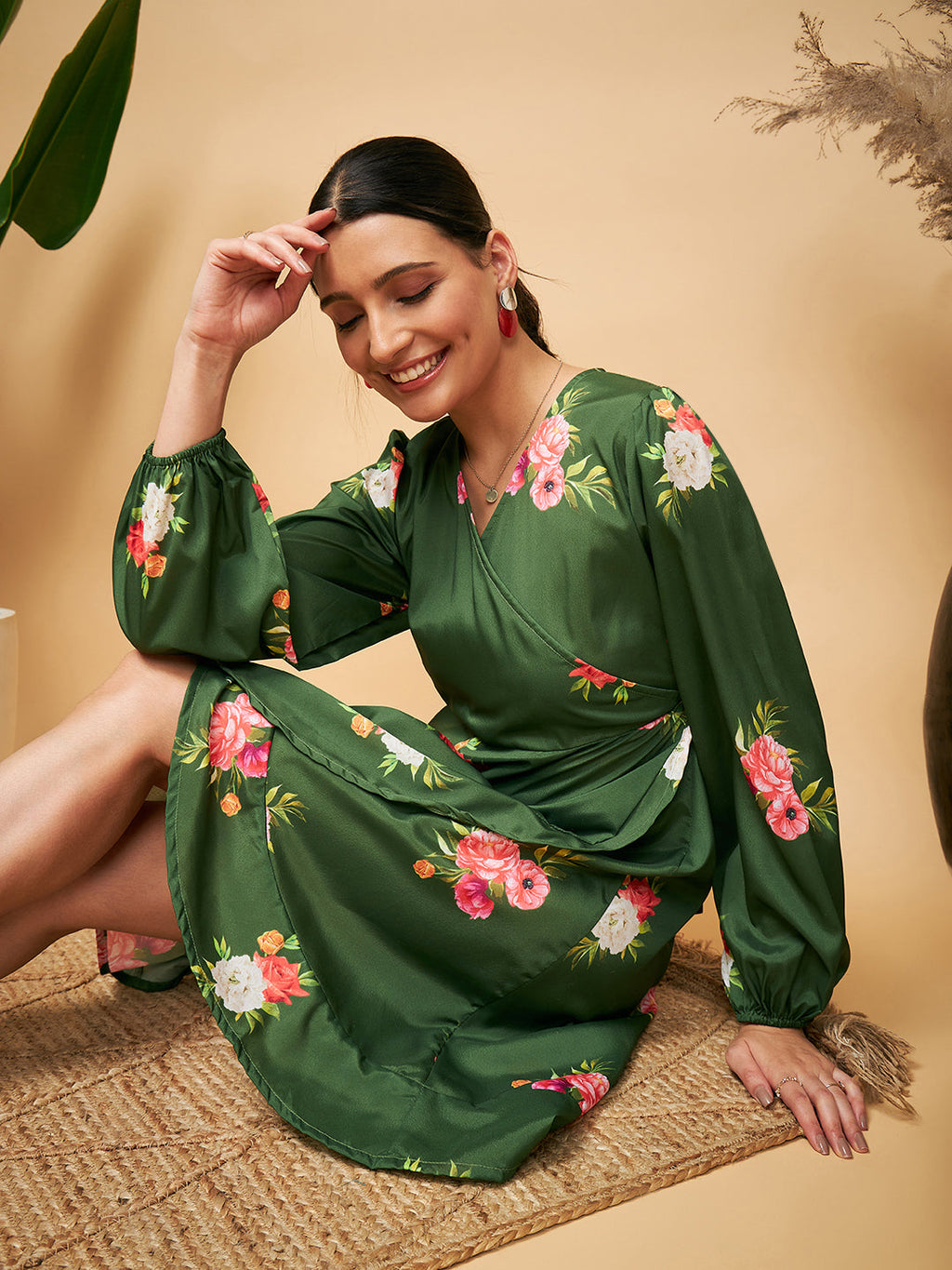 InWeave Women's Green Small Flower Belted Dress